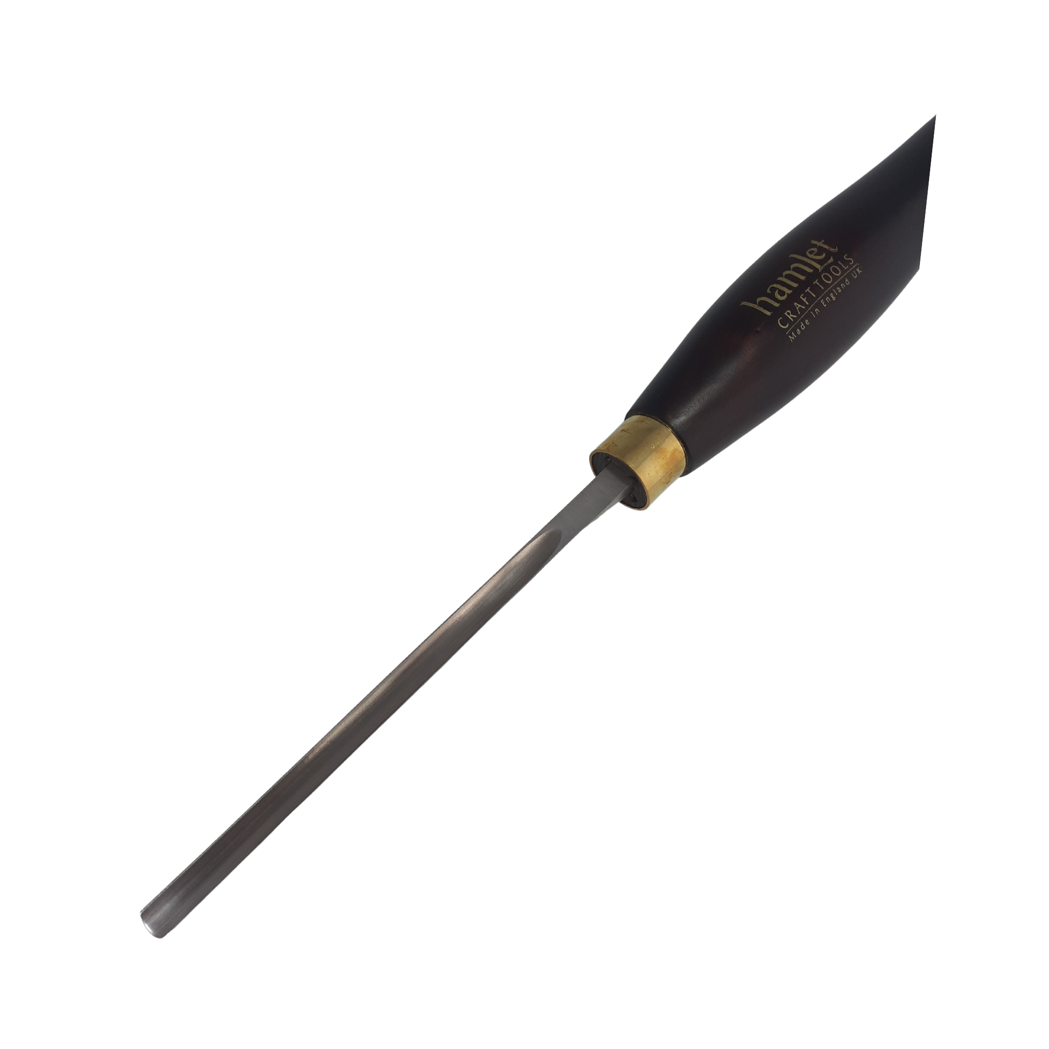 close up of high speed steel woodturning L&S detail gouge with wooden handle on a white background
