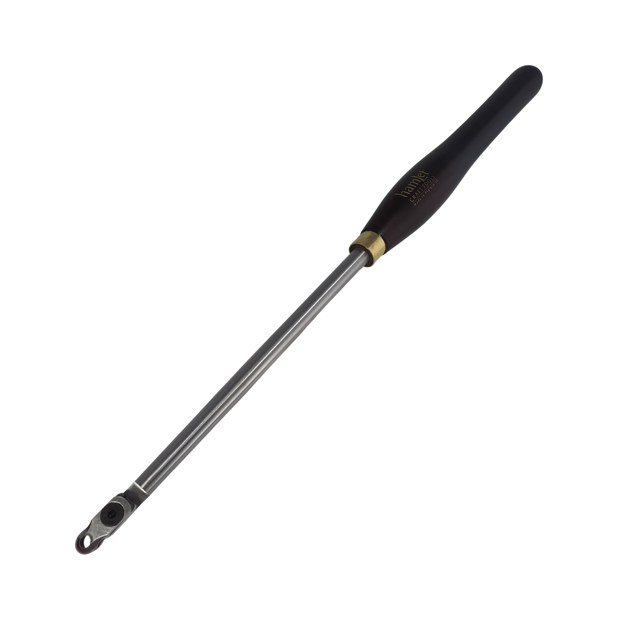woodturning tapered hollowing tool with wooden handle on a white background