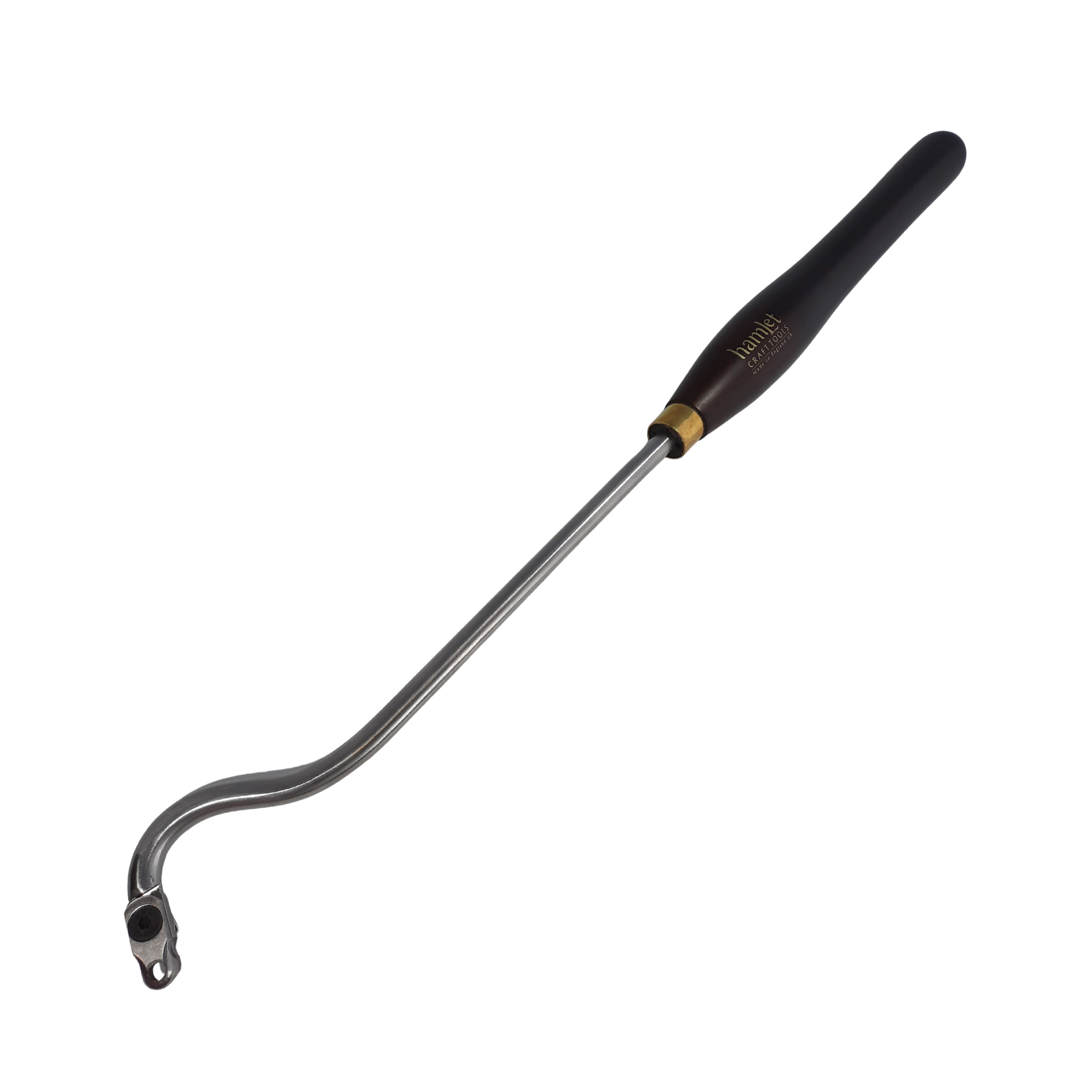 woodturning swan neck hollowing tool with wooden handle on a white background