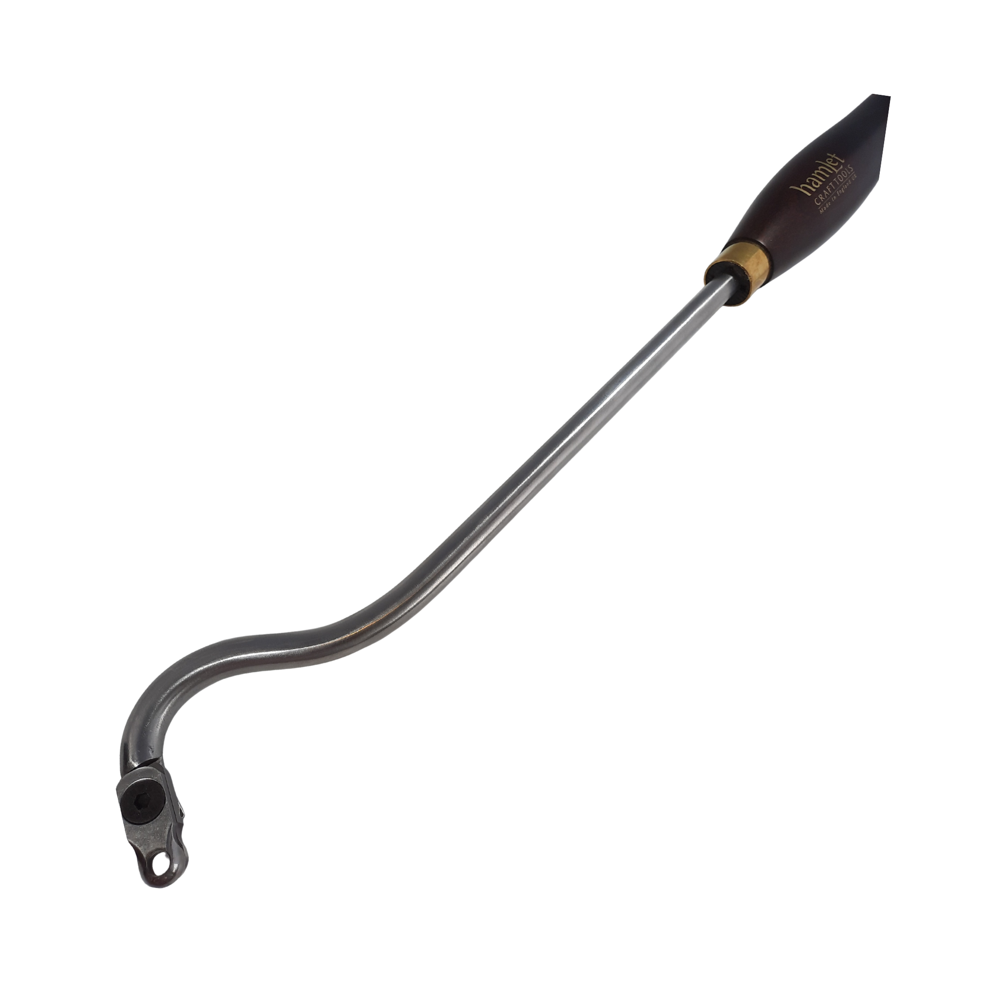 close up of woodturning swan neck hollowing tool with wooden handle on a white background