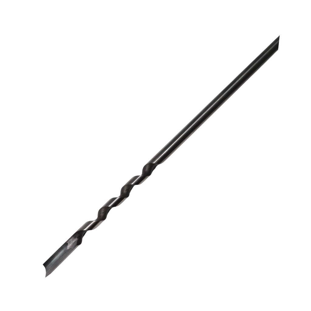 close up of high speed steel boring tool blade with wooden handle on a white background