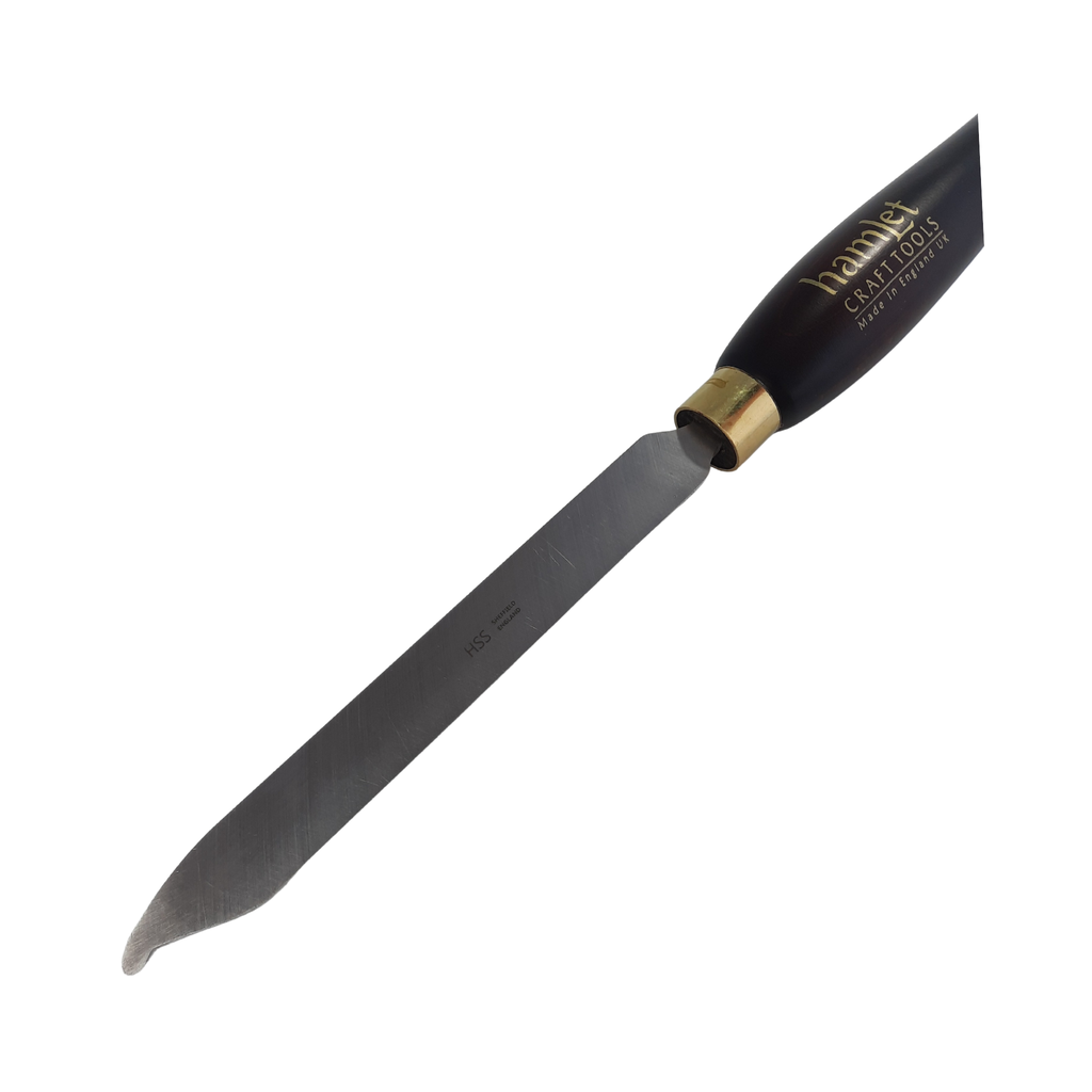 close up of high speed steel woodturning mushroom tool with wooden handle on a white background