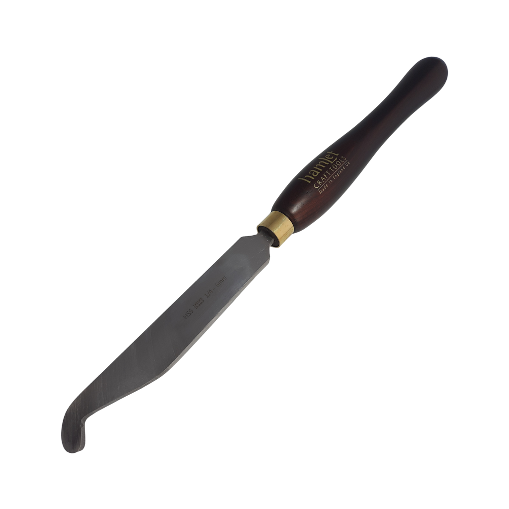 high speed steel 1/4" woodturning hook tool with wooden handle on a white background