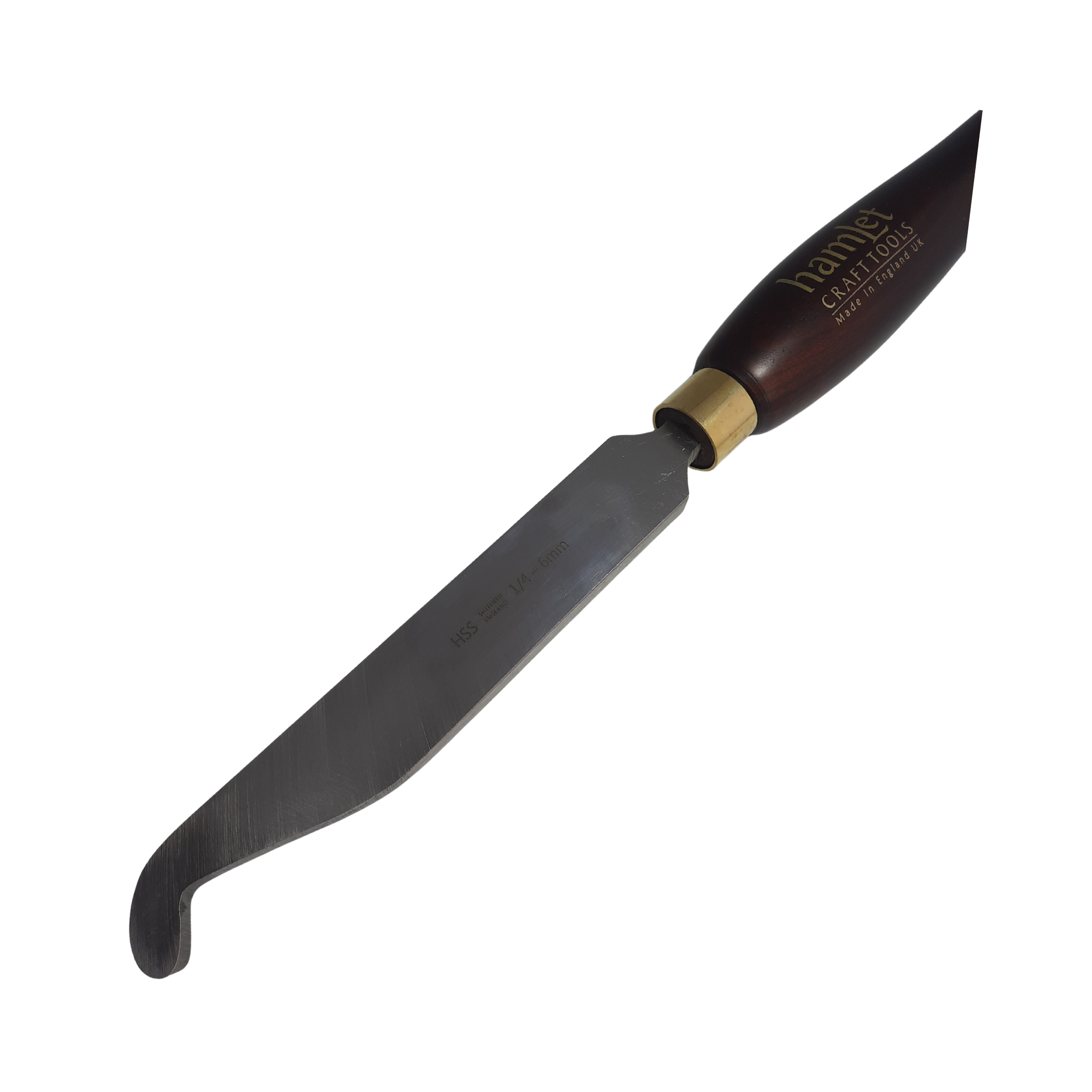 close up of high speed steel 1/4" woodturning hook tool with wooden handle on a white background