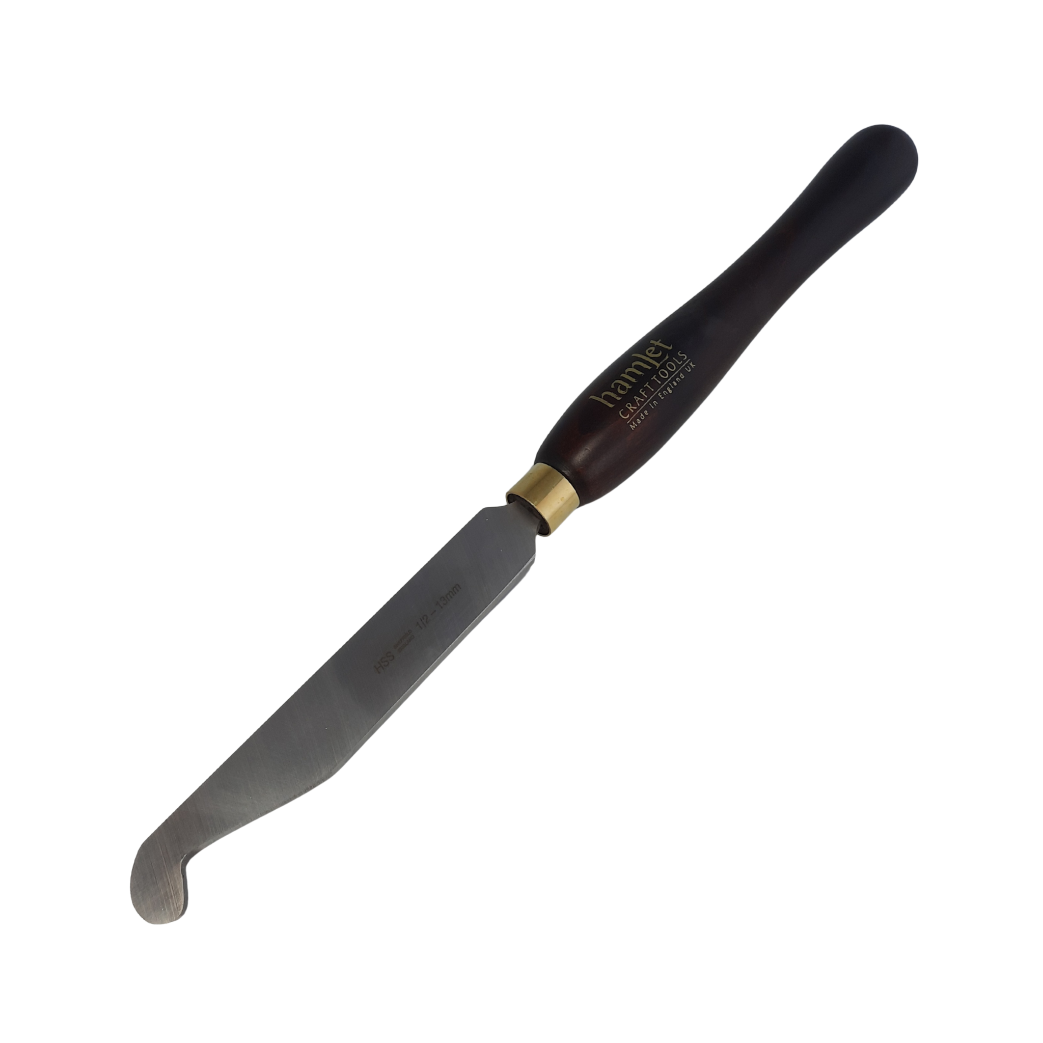 high speed steel 1/2" woodturning hook tool with wooden handle on a white background