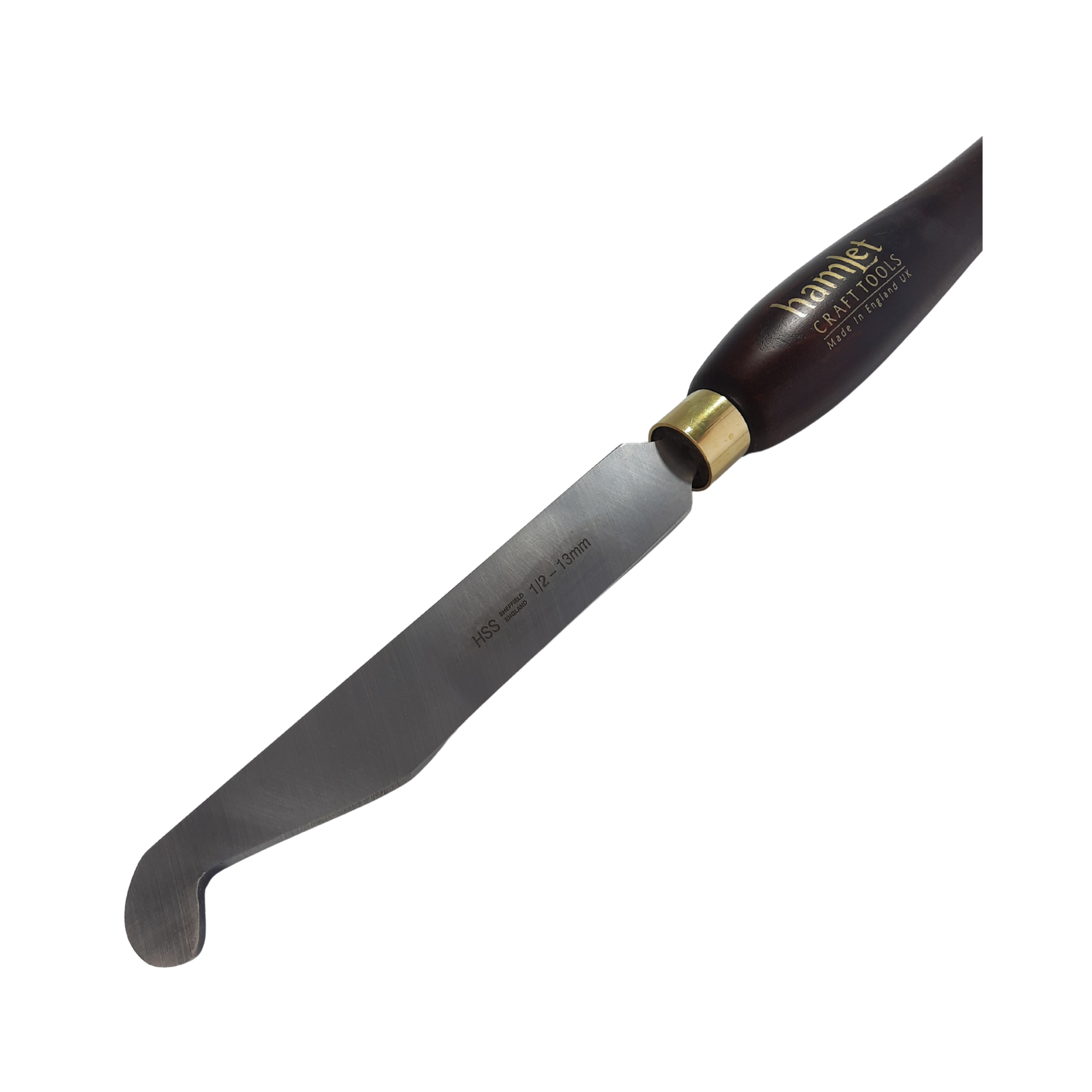 close up of high speed steel 1/2" woodturning hook tool with wooden handle on a white background