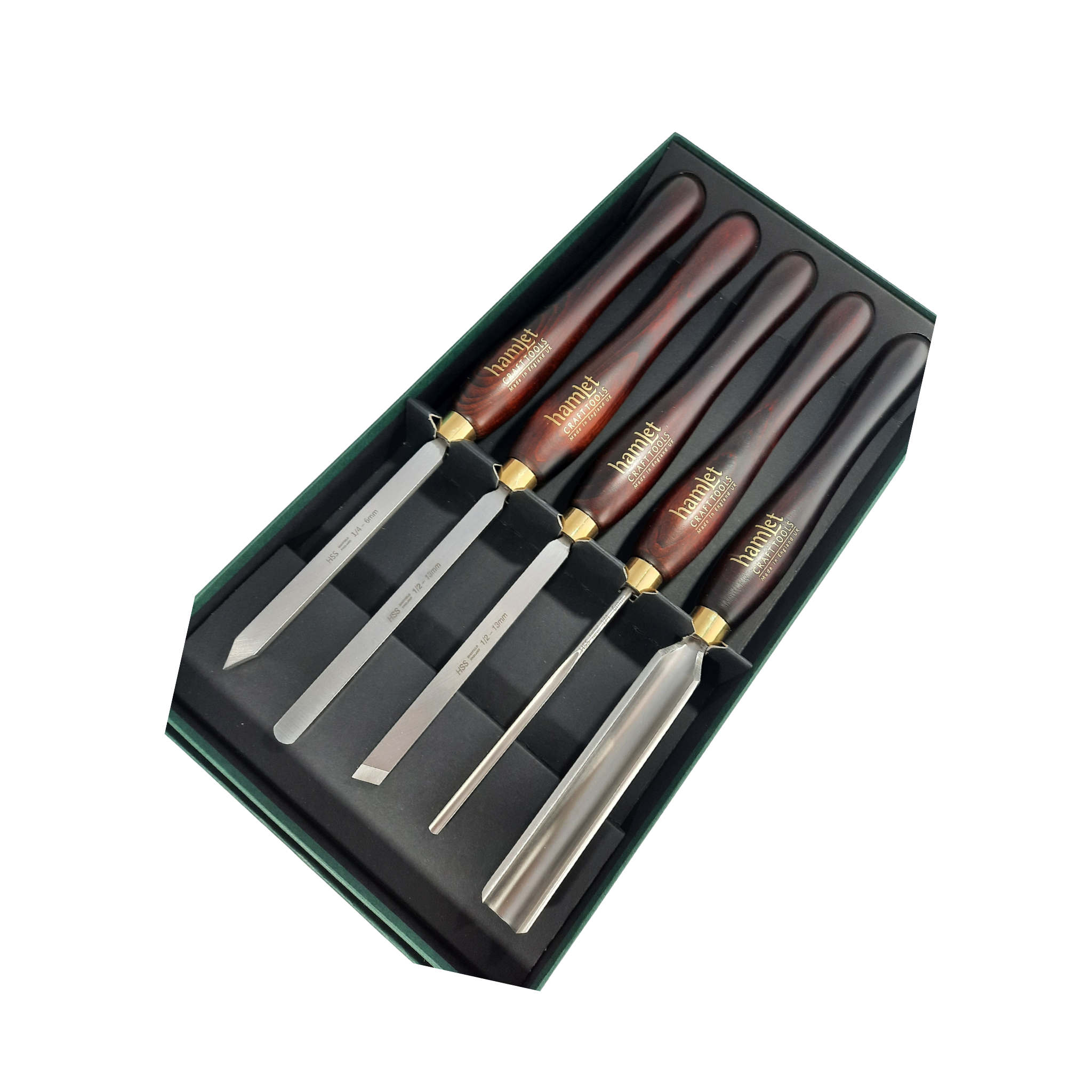 set of five high speed steel woodturning chisels with wooden handles in a presentation box