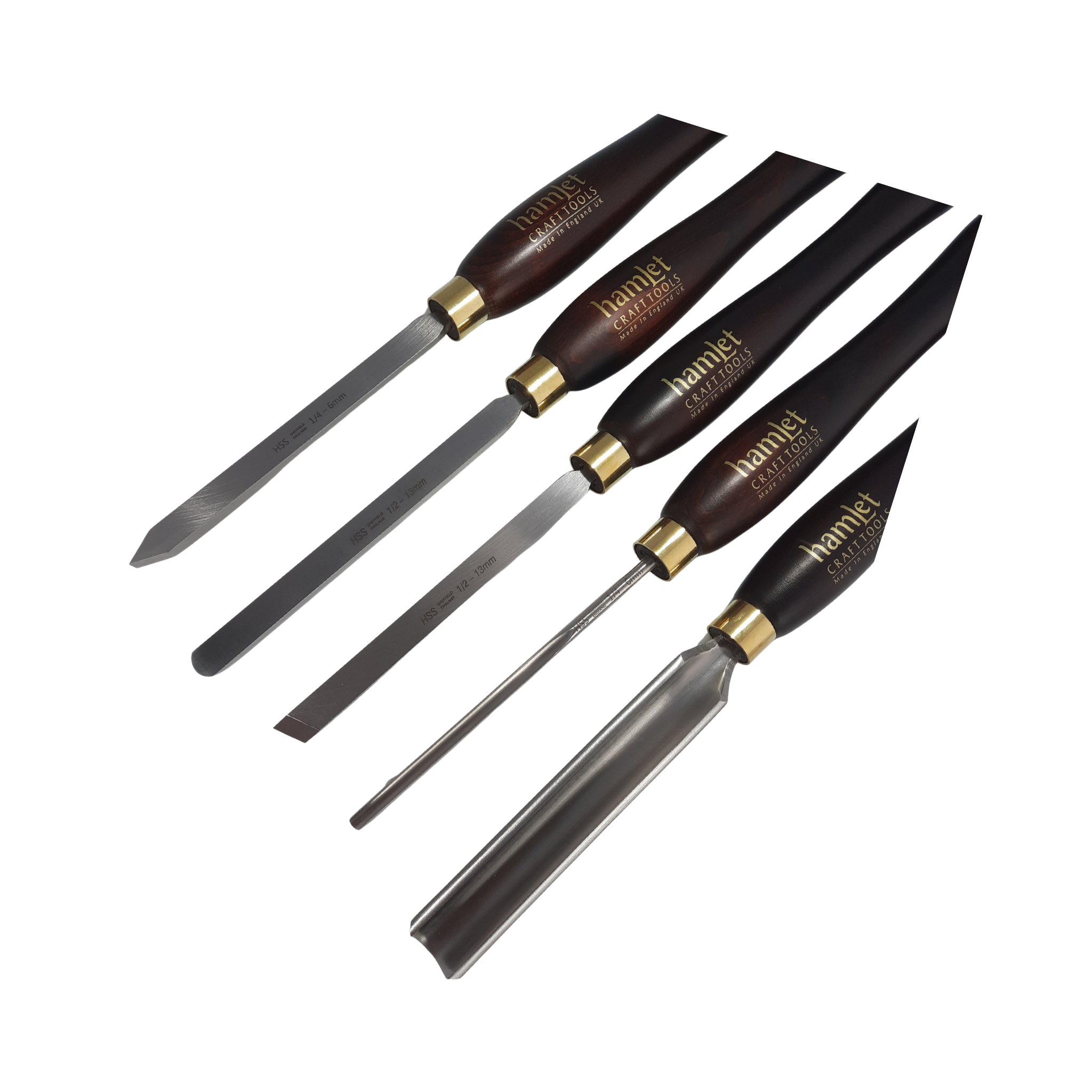 close up of a set of five high speed steel woodturning chisels with wooden handles on a white background
