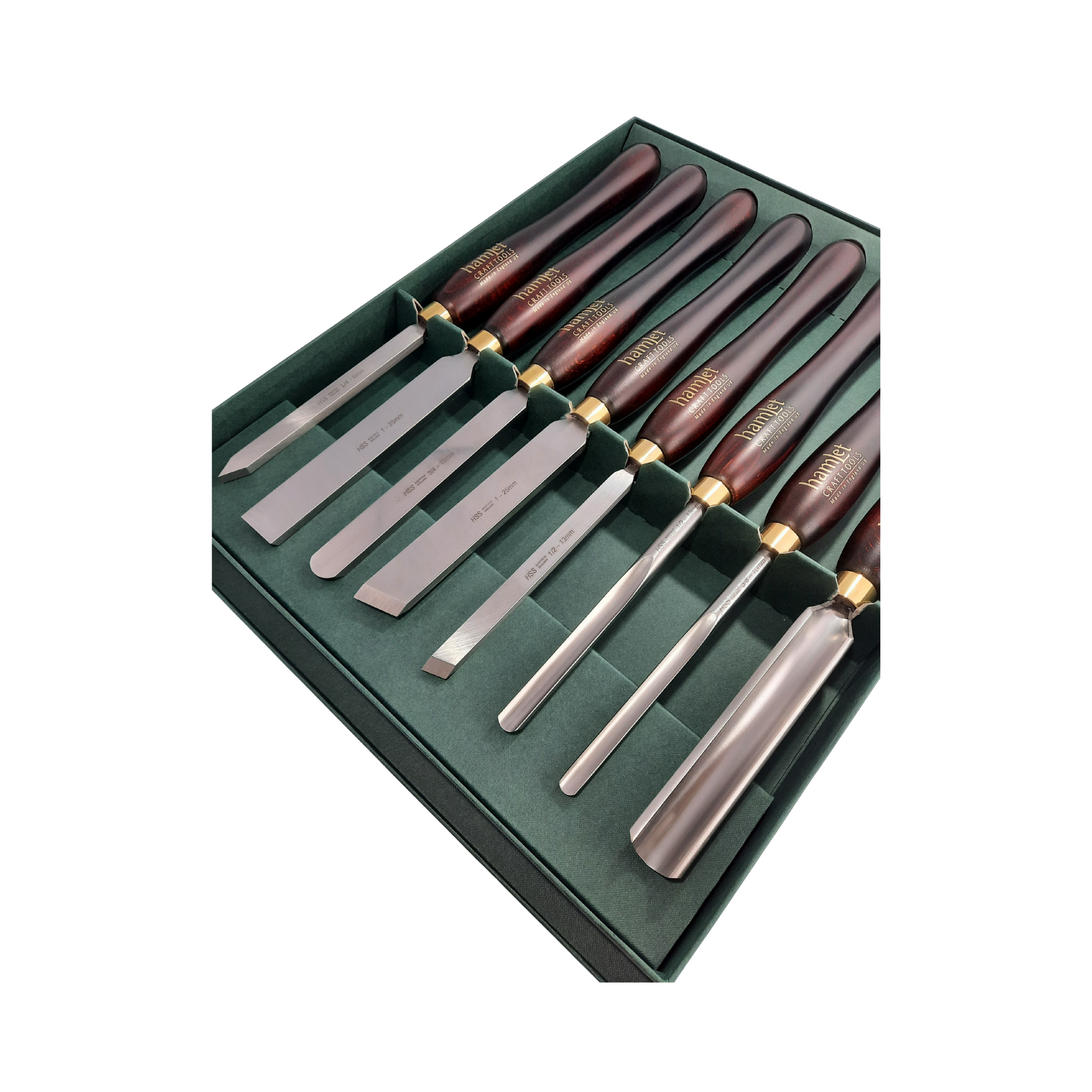 set of eight high speed steel woodturning chisels with wooden handles in a presentation box