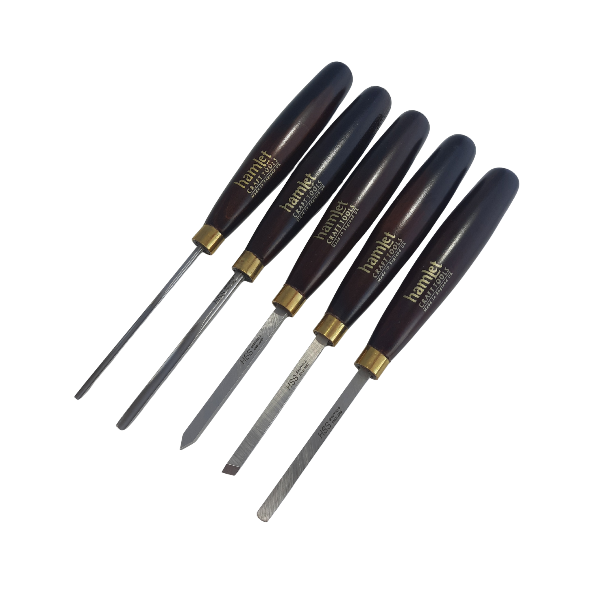set of five mini woodturning chisels with high speed steel blades and wooden handles on a white background
