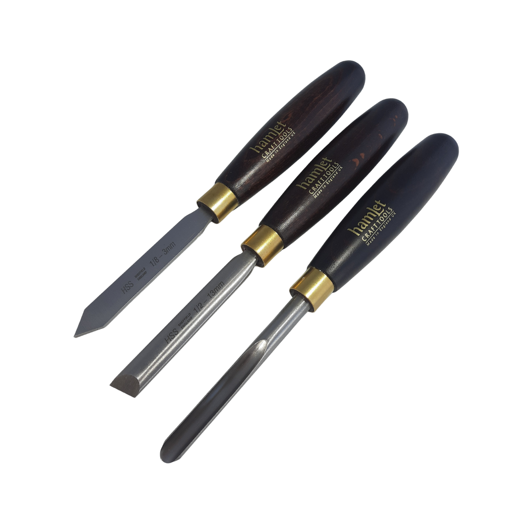 set of three mini woodturning chisels with high speed steel blades and wooden handles on a white background