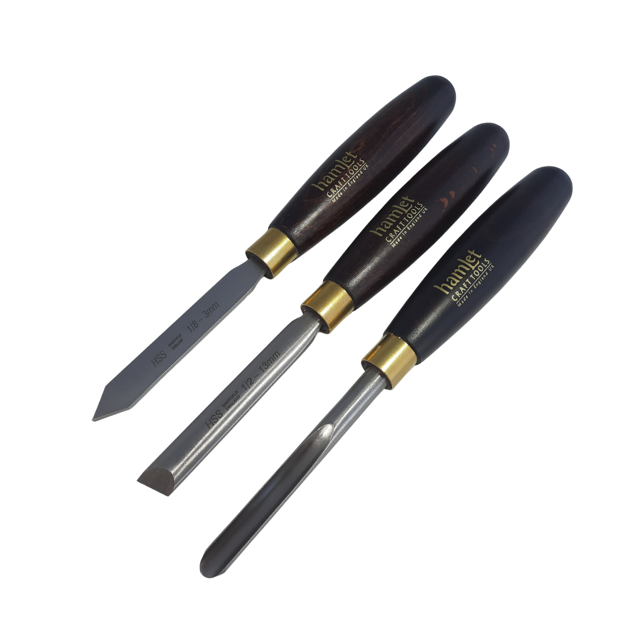 set of three mini woodturning chisels with high speed steel blades and wooden handles on a white background