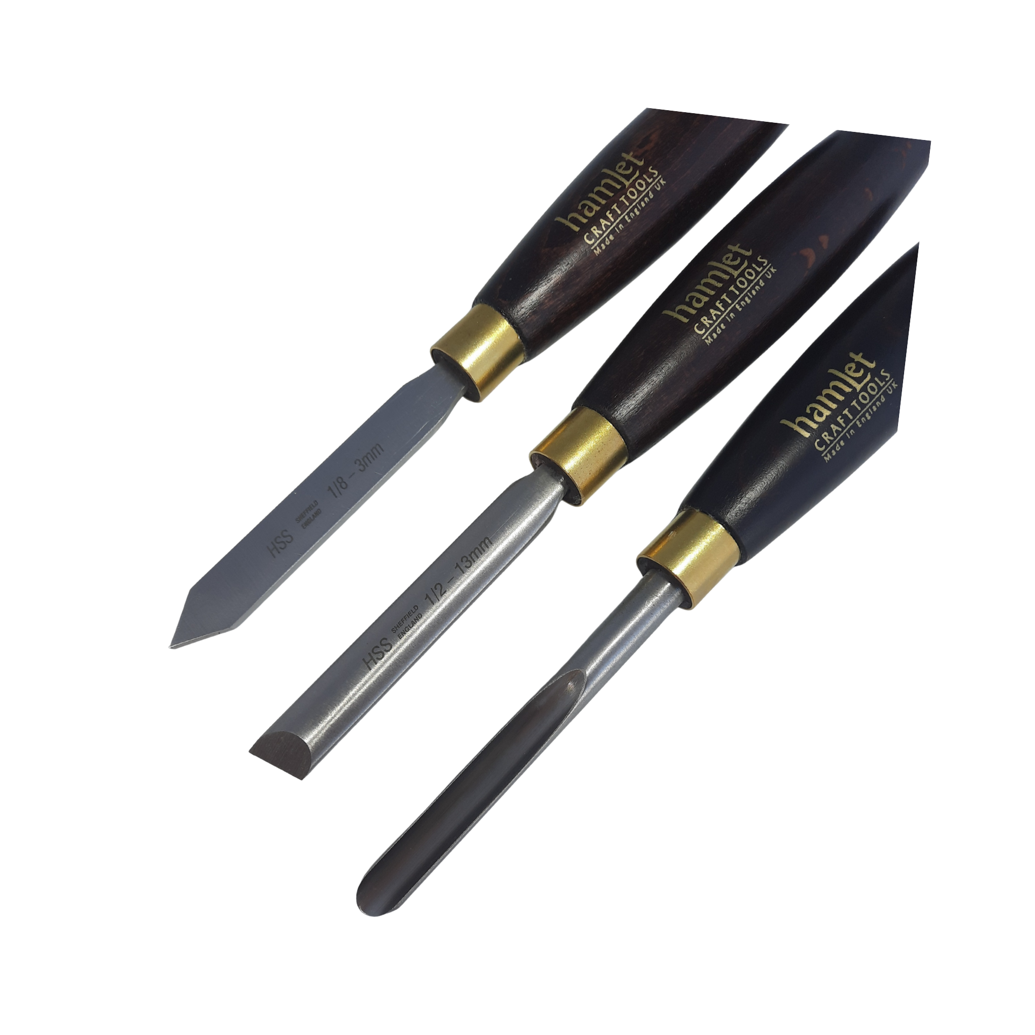 close up of a set of three mini woodturning chisels with high speed steel blades and wooden handles in a presentation box