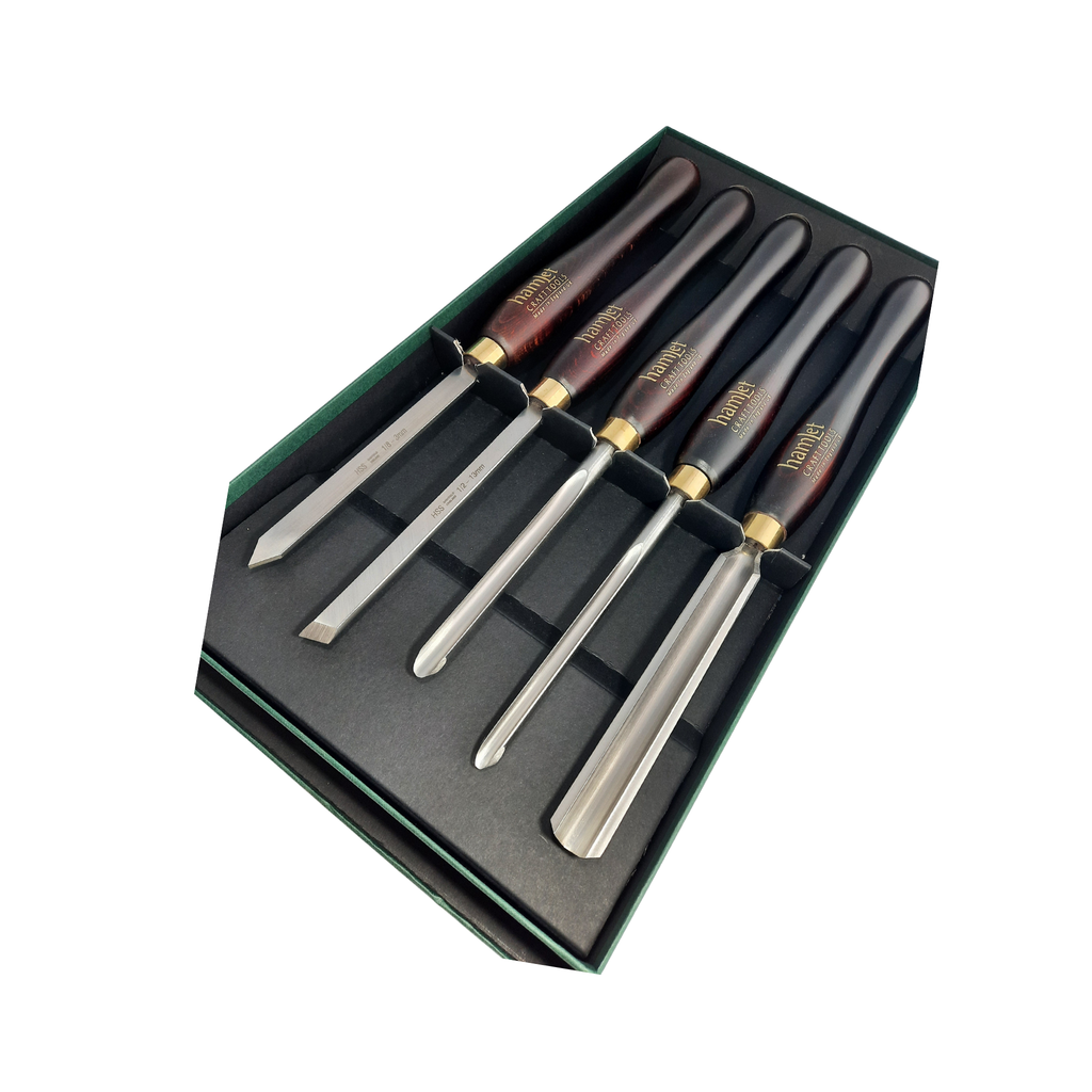 set of five woodturning chisels with high speed steel blades and wooden handles in a presentation box