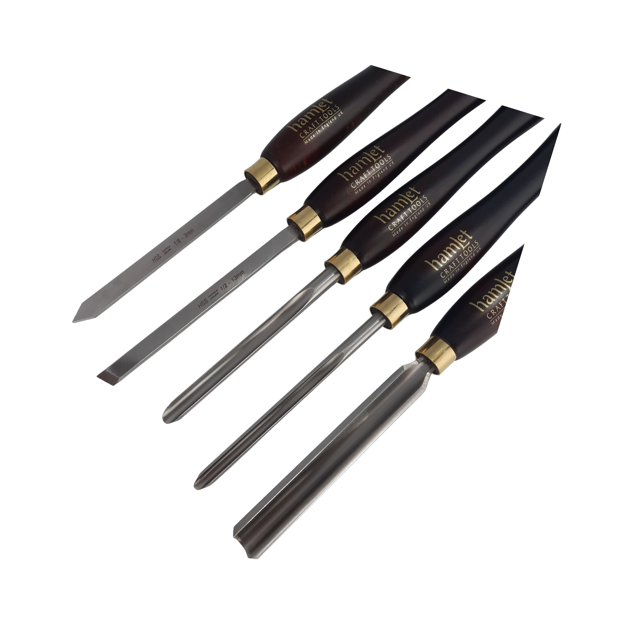 close up of a set of five woodturning chisels with high speed steel blades and wooden handles on a white background