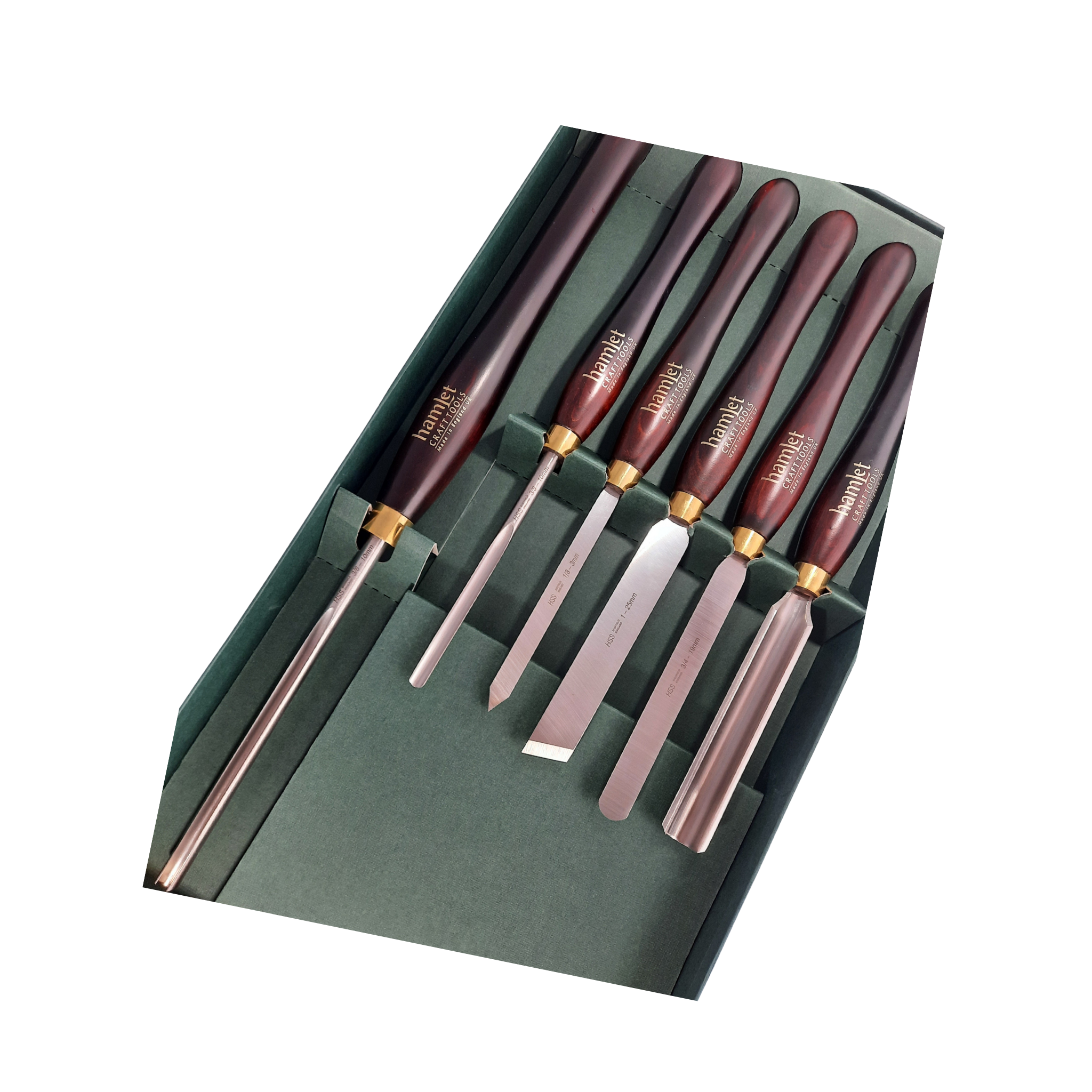 set of six woodturning chisels with high speed steel blades and wooden handles in a presentation box