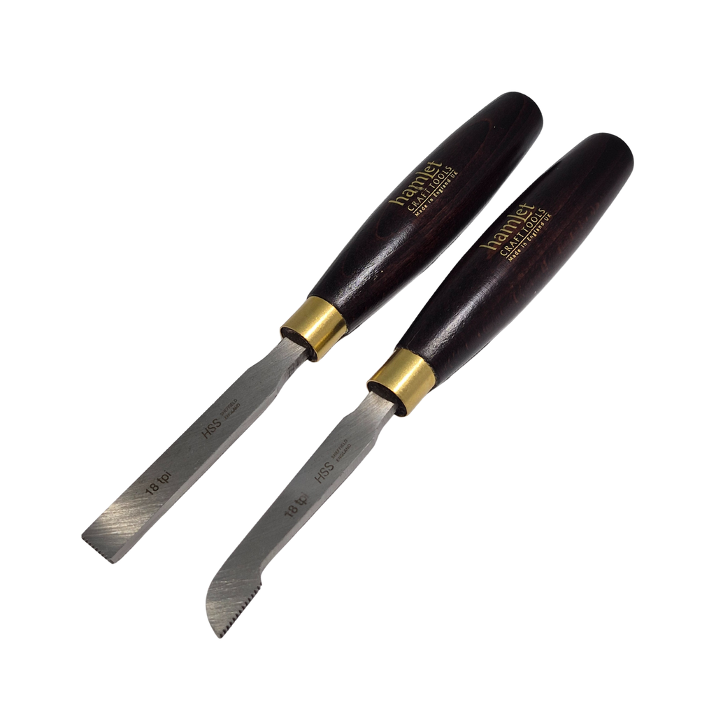 pair of high speed steel woodturning thread chasing tools with wooden handles on a white background