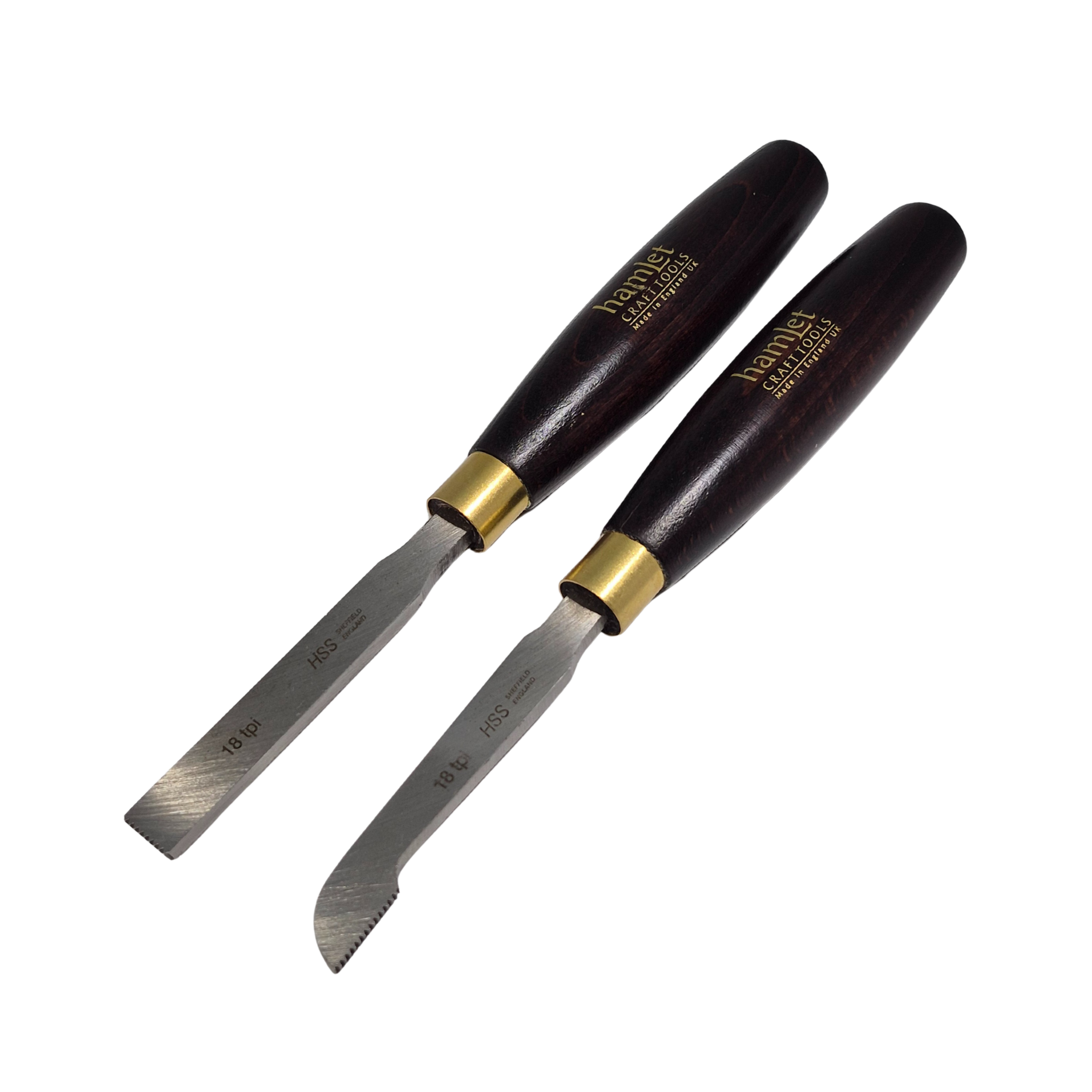 pair of high speed steel woodturning thread chasing tools with wooden handles on a white background