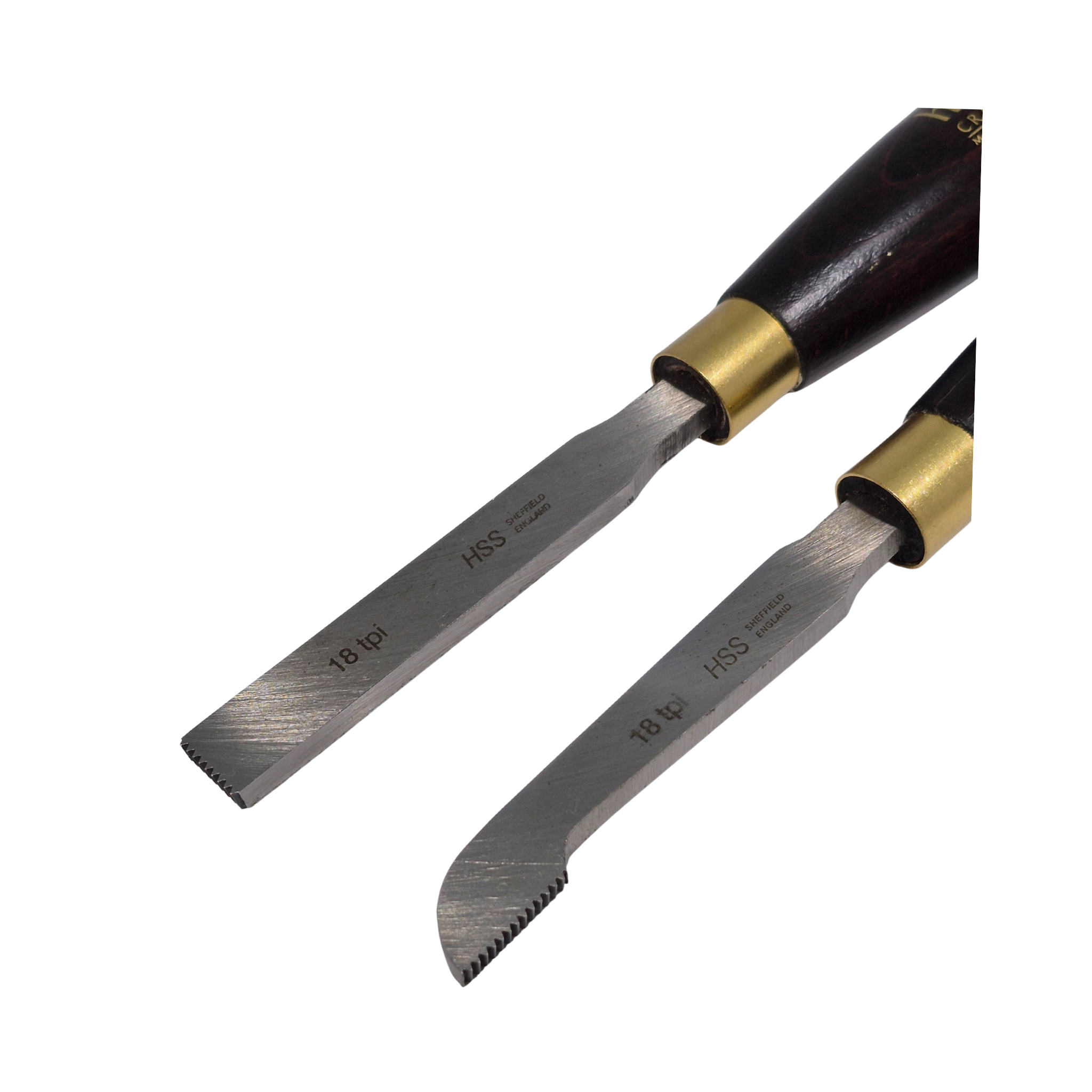 close up of a pair of high speed steel woodturning thread chasing tools with wooden handles on a white background