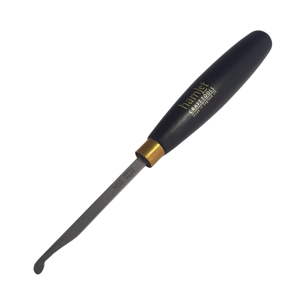 high speed steel woodturning recessing tool with wooden handle on a white background