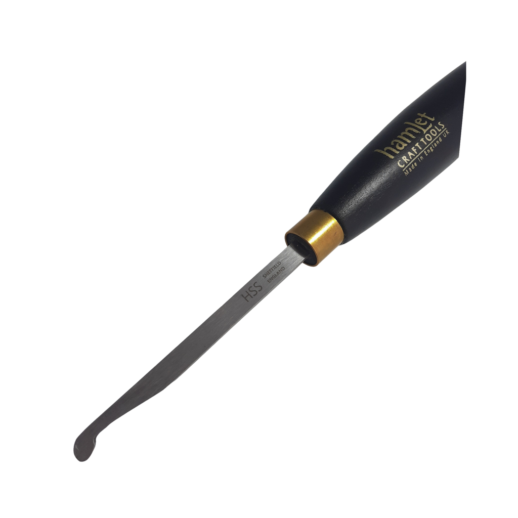 close up of high speed steel woodturning recessing tool with wooden handle on a white background