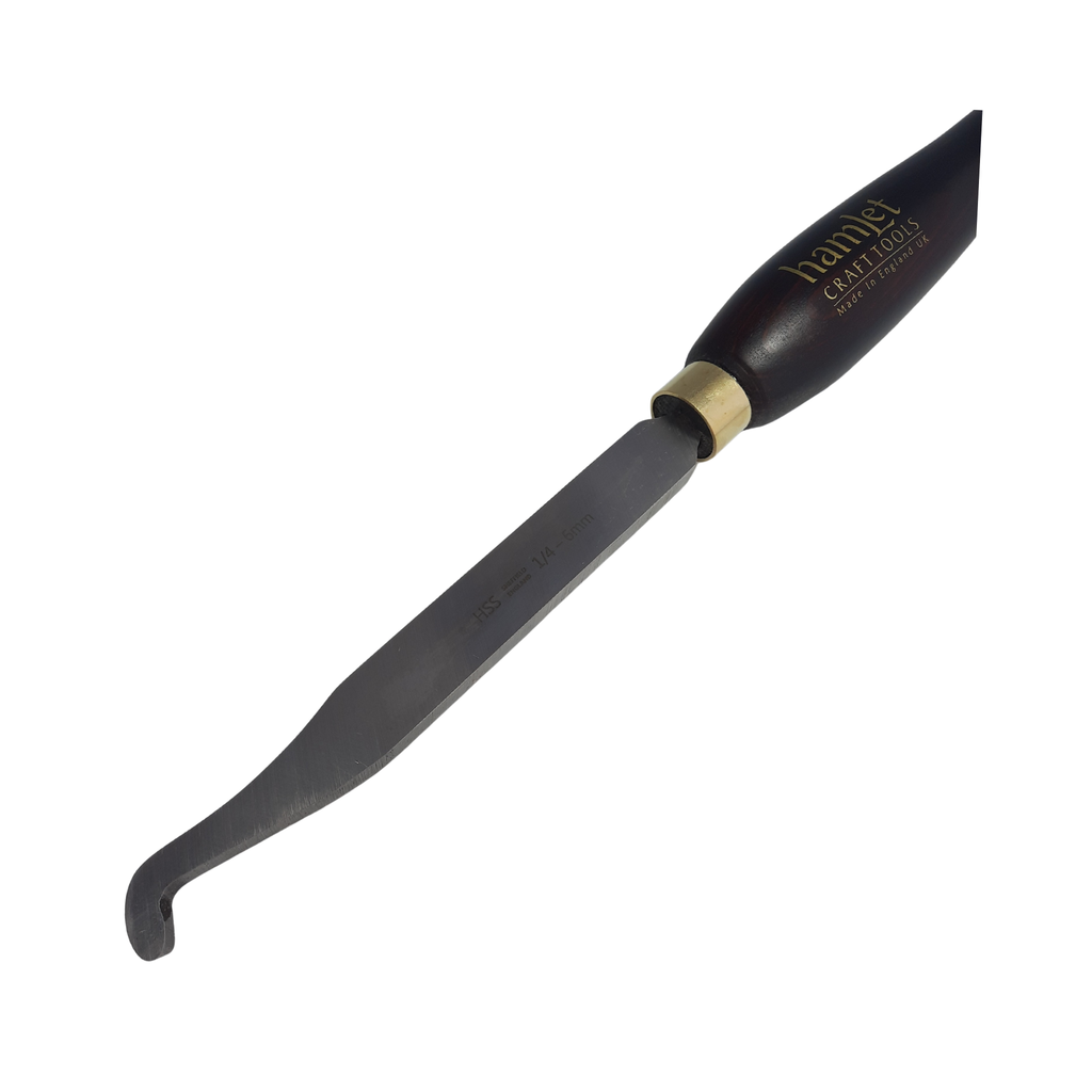 close up of high speed steel woodturning box scraper with wooden handle on a white background