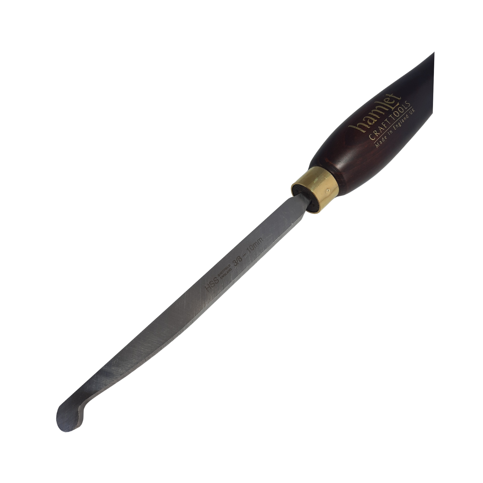 close up of high speed steel woodturning box scraper with wooden handle on a white background