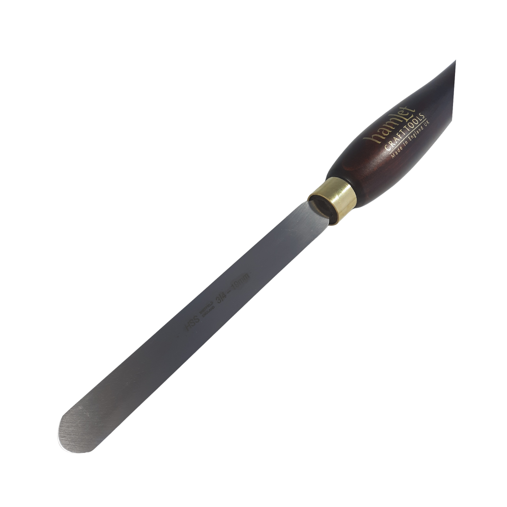 close up of high speed steel 3/4" woodturning spindle maker with wooden handle on a white background