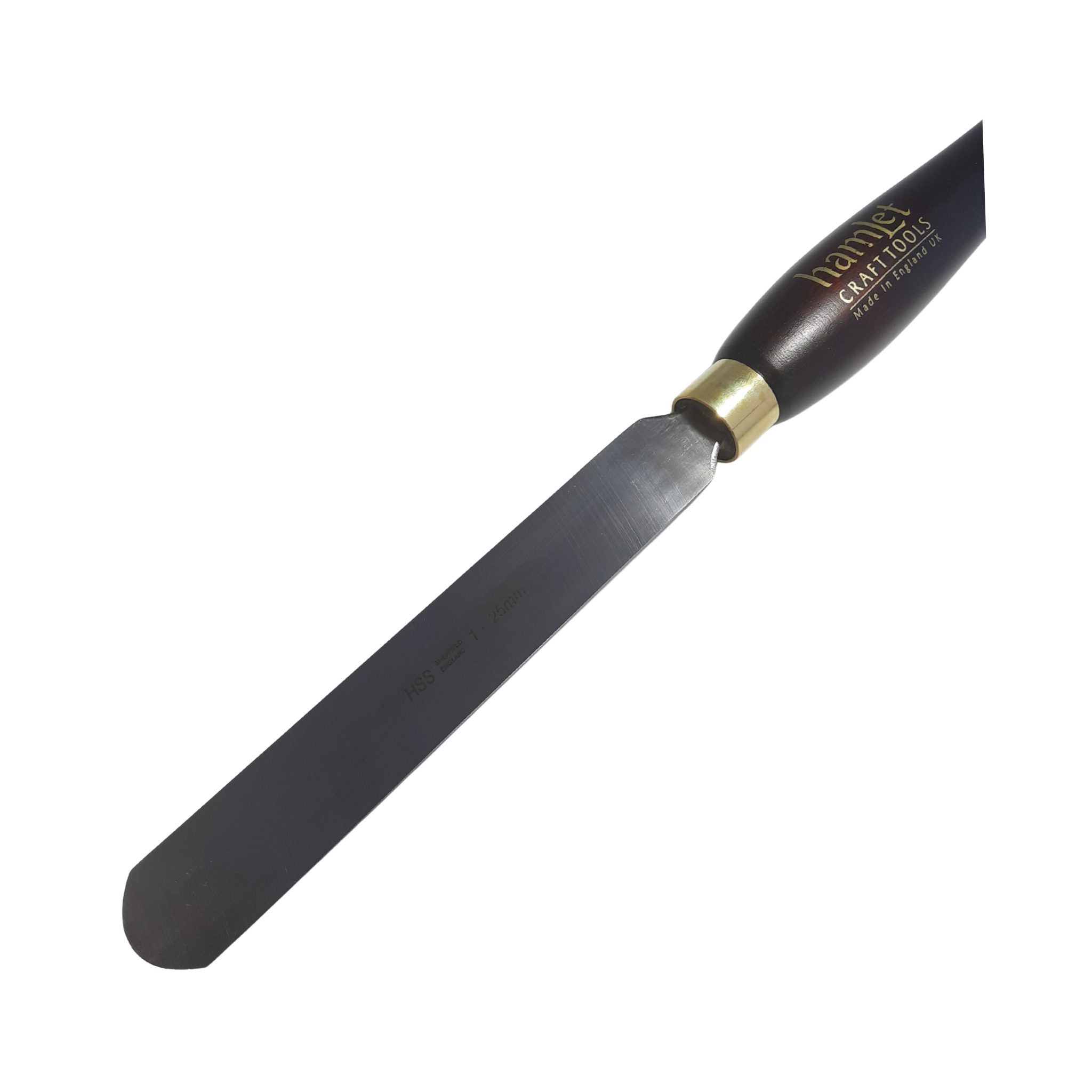 close up of high speed steel 1" woodturning spindle maker with wooden handle on a white background