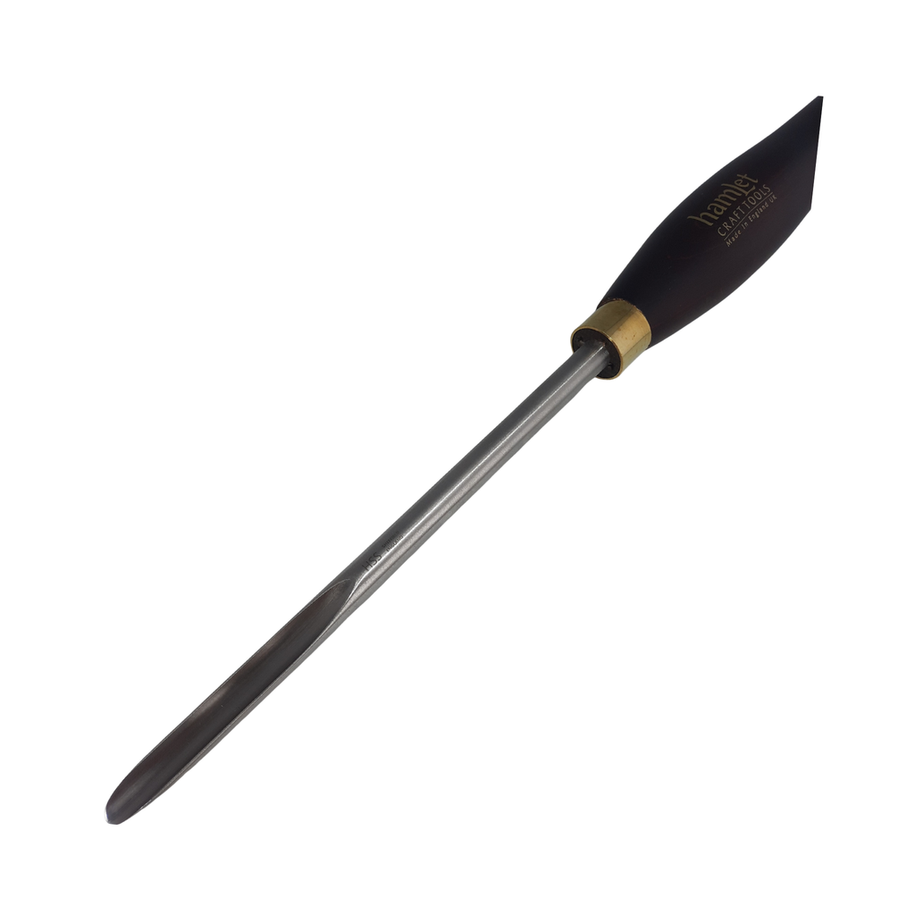 close up of high speed steel woodturning gouge with wooden handle on a white background