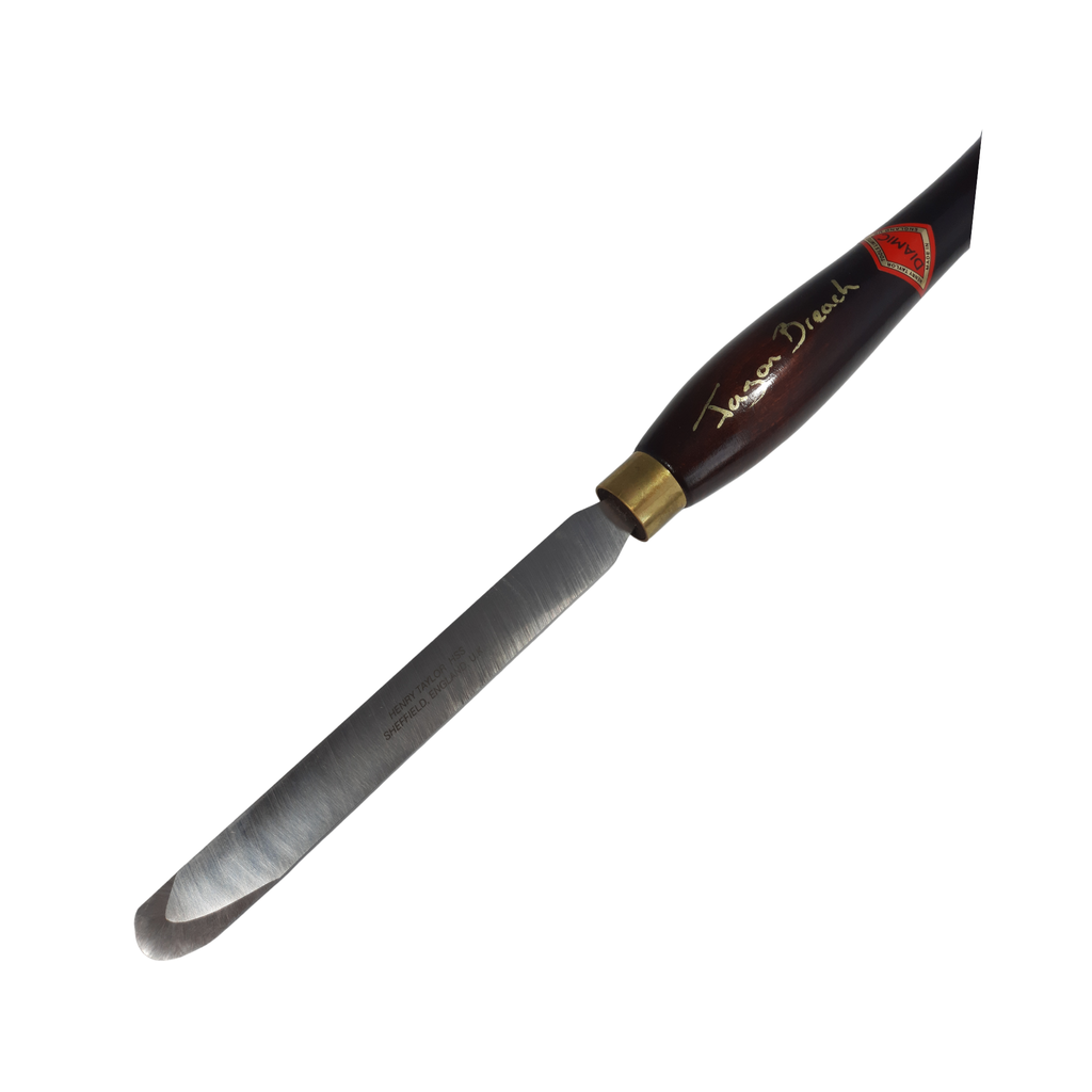 close up of woodturning round nose scraper with high speed steel blade and wooden handle on a white background