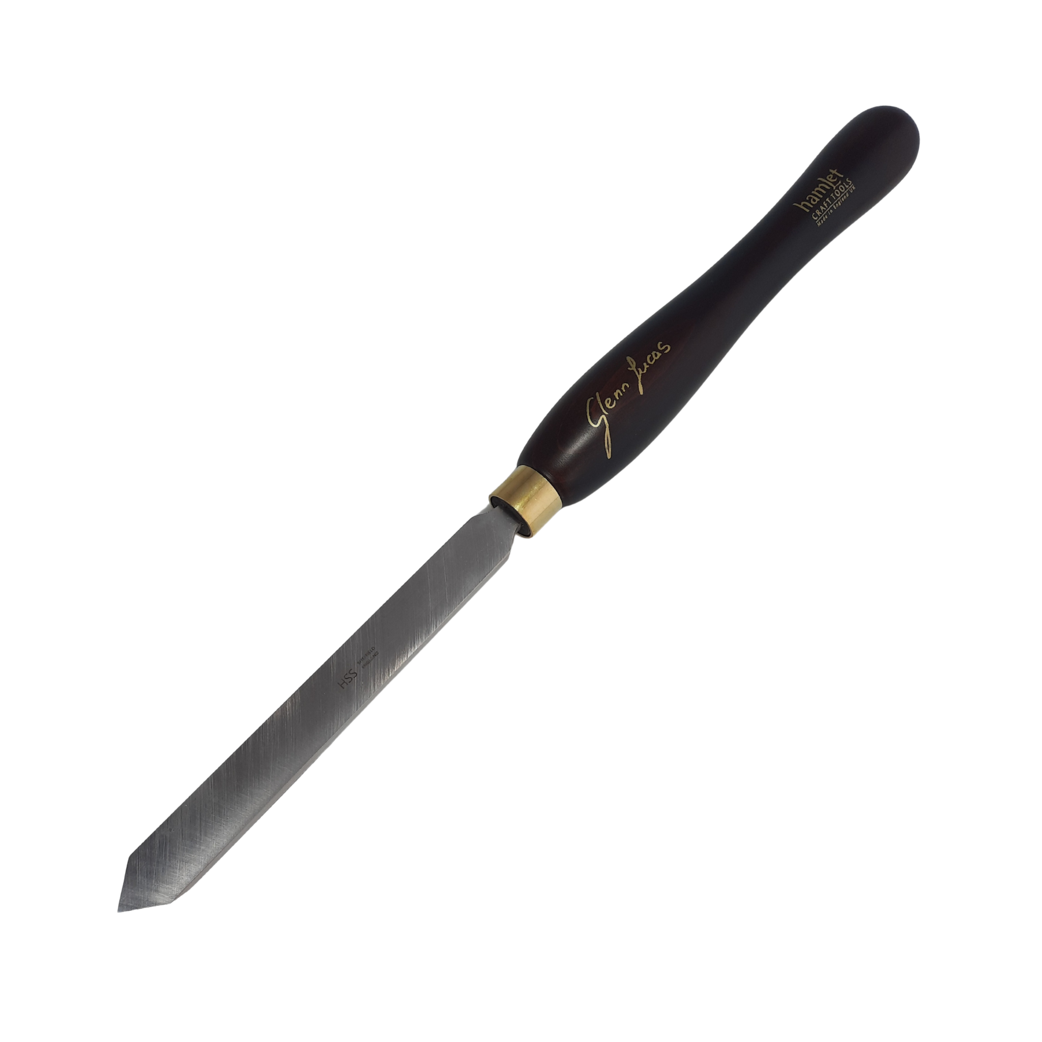 high speed steel woodturning diamond point scraper with wooden handle on a white background