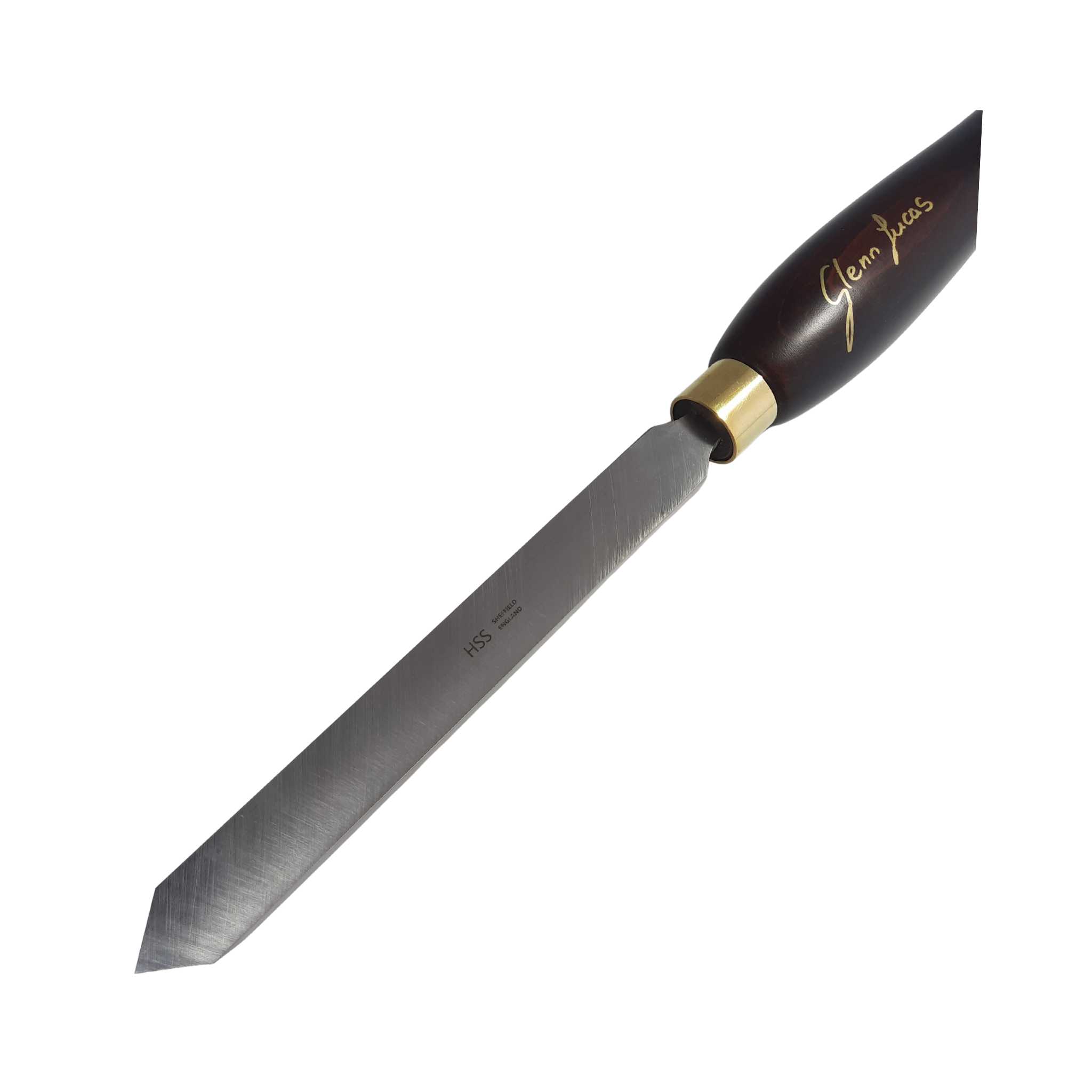 close up of high speed steel woodturning diamond point scraper with wooden handle on a white background