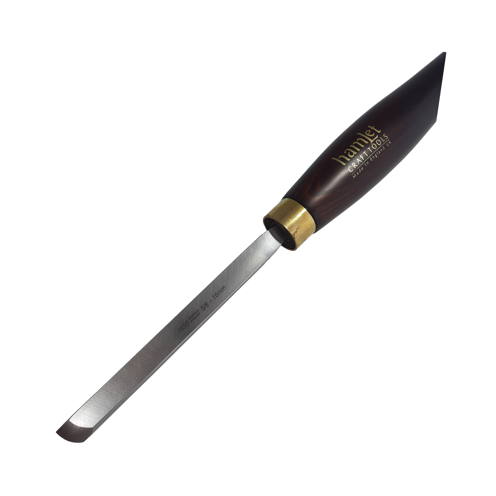 close up of high speed steel woodturning radius skew with wooden handle on a white background