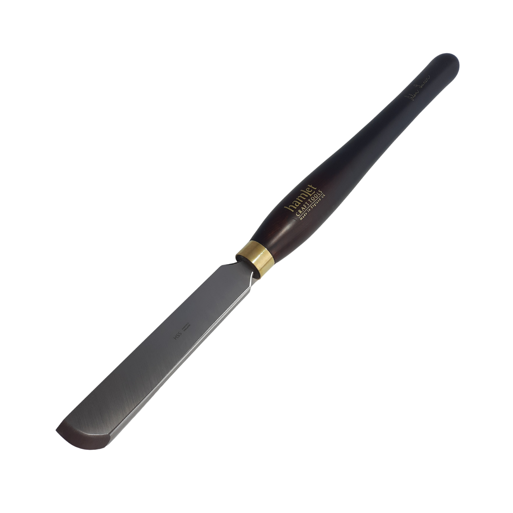high speed steel woodturning radius skew with wooden handle on a white background