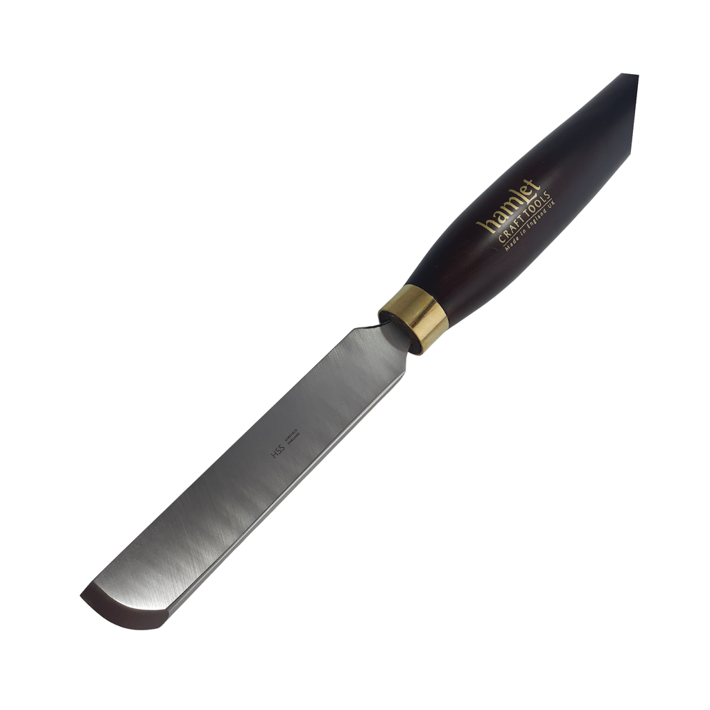 close up of high speed steel woodturning radius skew with wooden handle on a white background