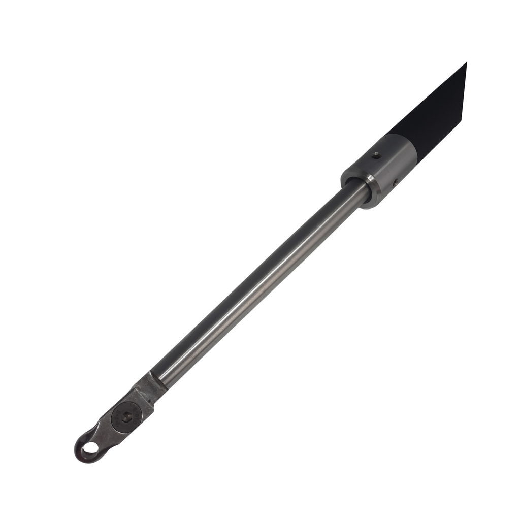 close up of rubber and steel handle with high speed steel tipped stem on a white background
