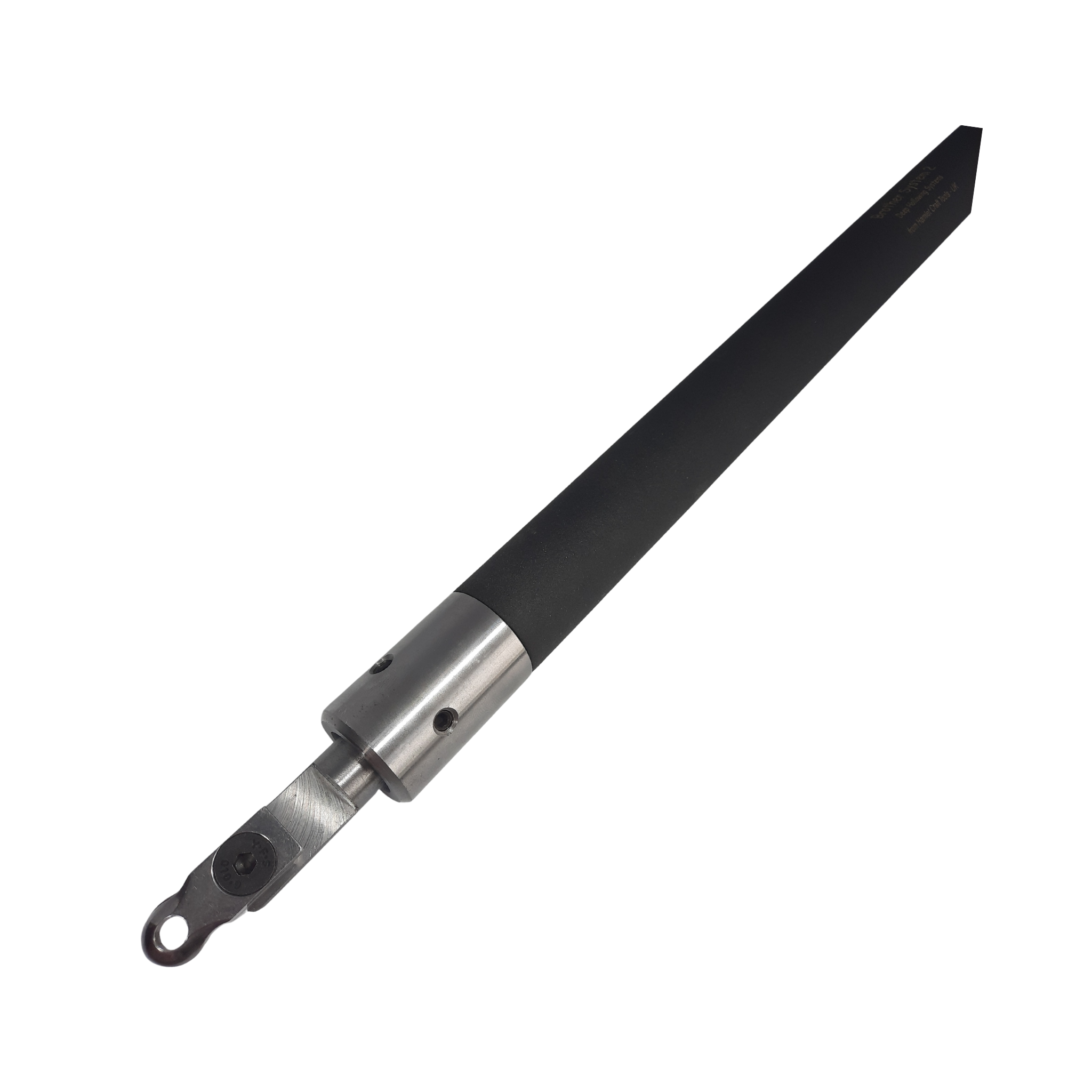 close up of rubber and steel handle with high speed steel tipped stem on a white background
