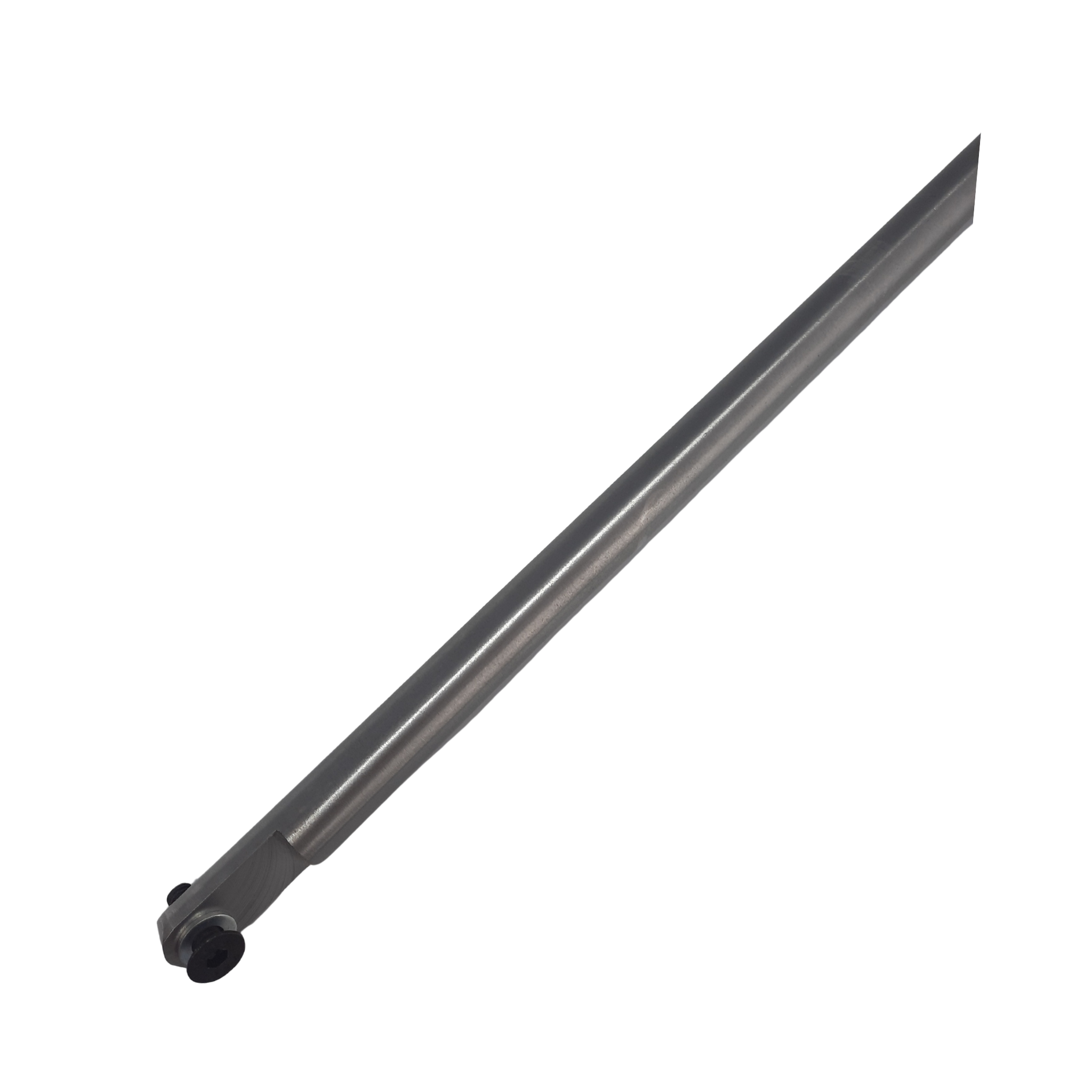 close up of straight steel stem with screw and washer on a white background