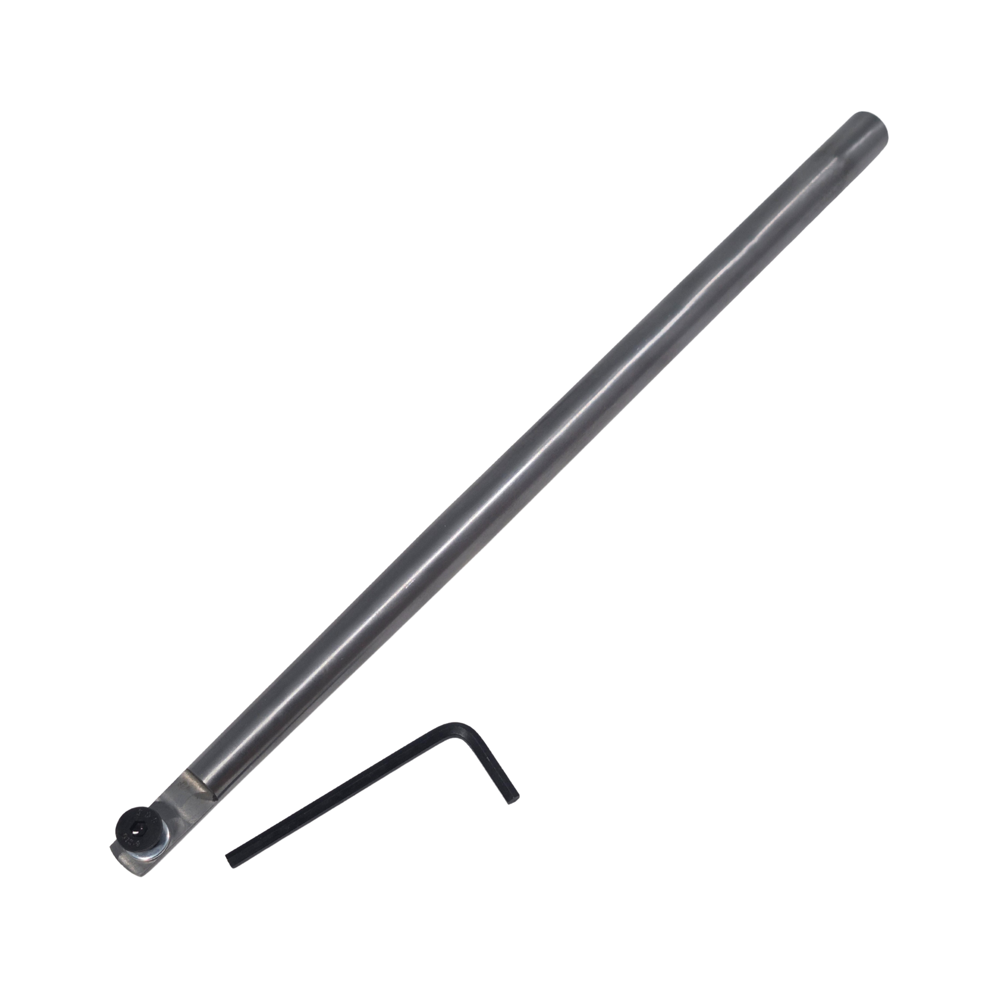 tapered steel stem with screw, washer and allen key on a white background