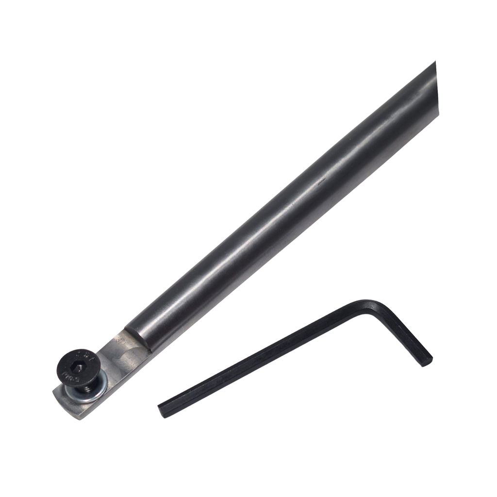 close up of tapered steel stem with screw, washer and allen key on a white background
