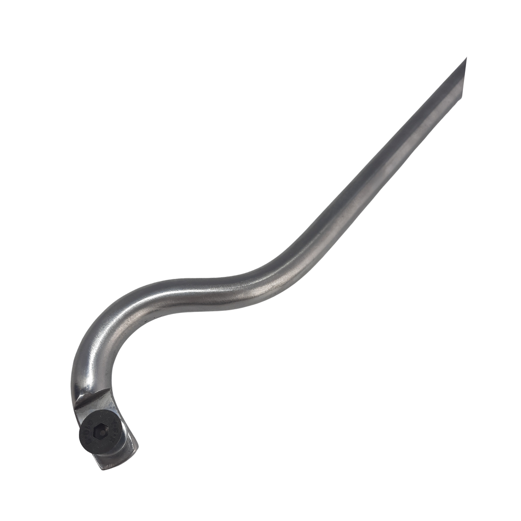 close up of swan neck steel stem with screw and washer on a white background
