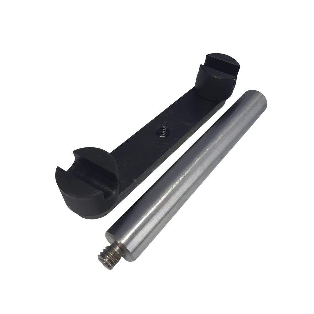 black metal bracket and round steel shaft on a white background