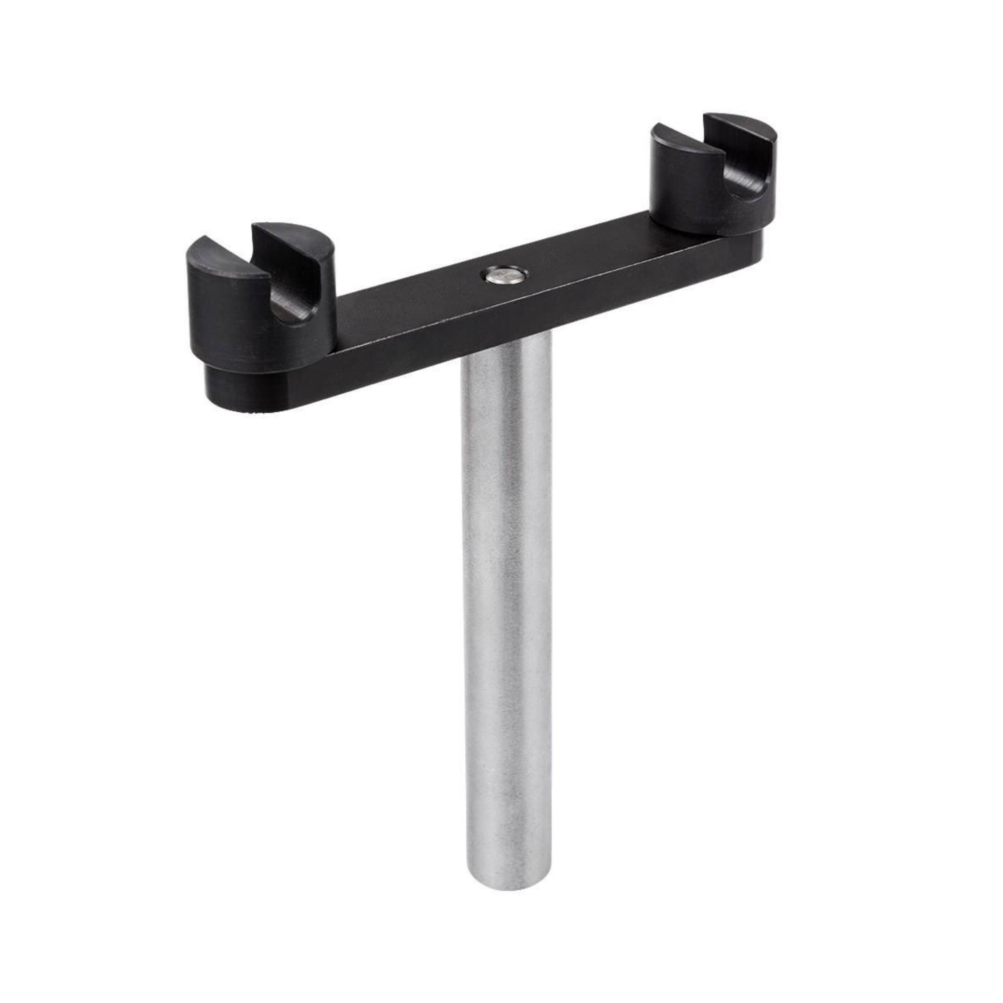 black metal bracket attached to a  round steel shaft on a white background