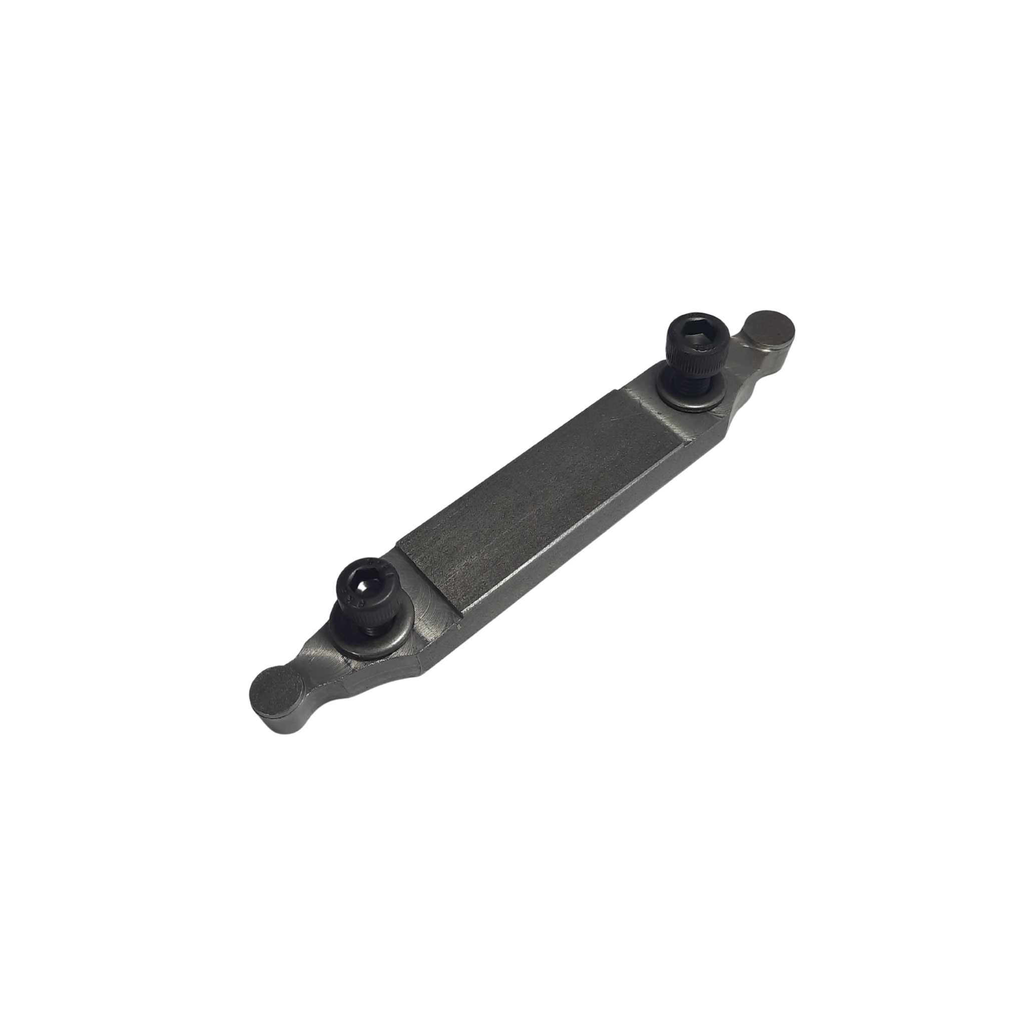 steel jig with screw and washer at either side on a white background