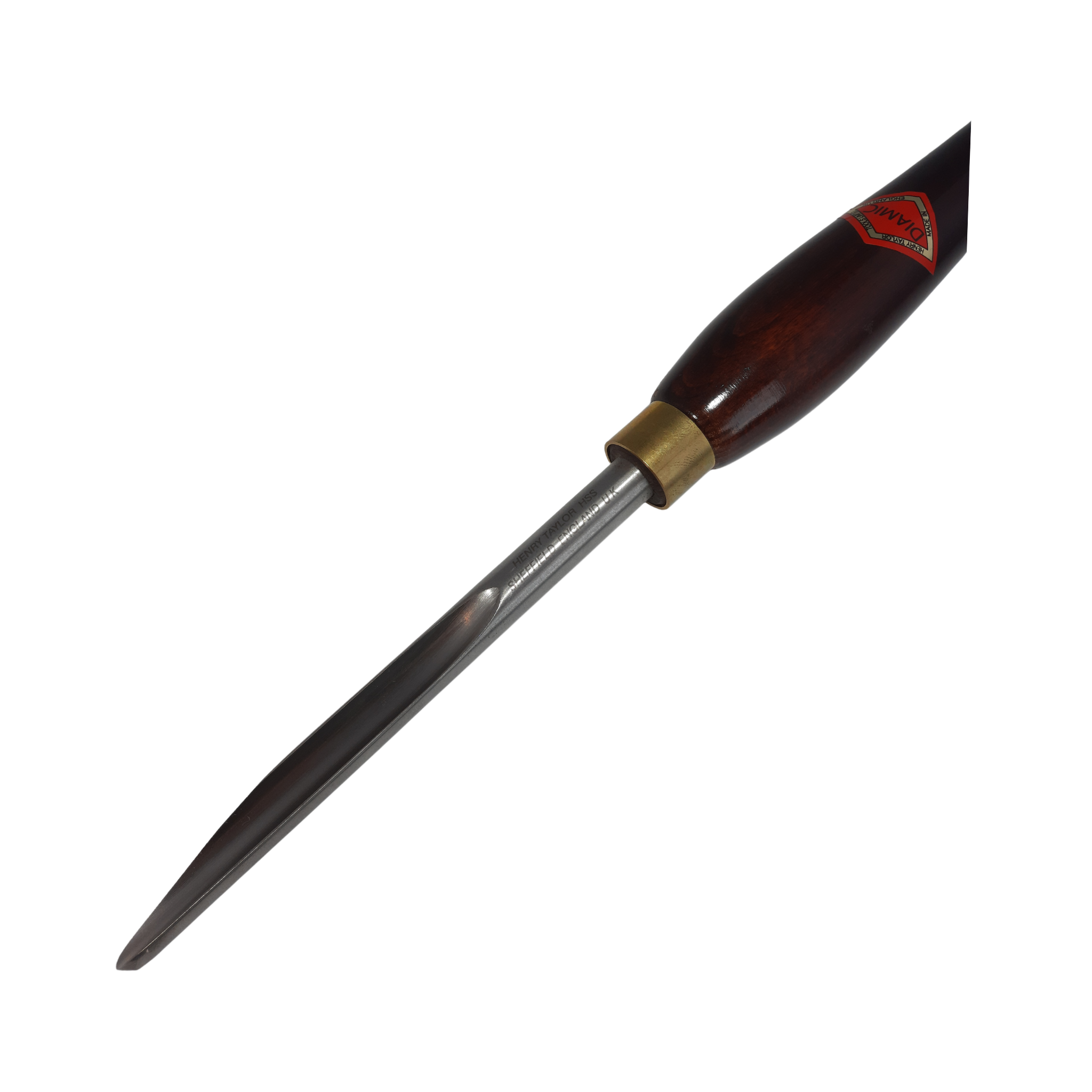 close up of woodturning spindle gouge with high speed steel blade and wooden handle on a white background
