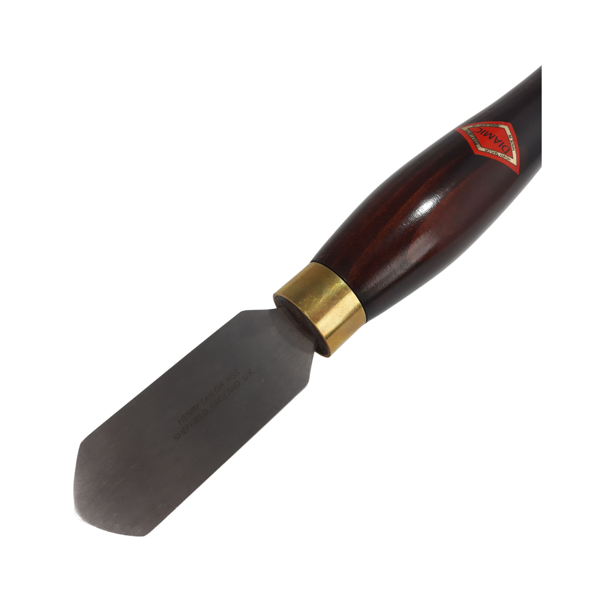 close up of woodturning shear scraper with high speed steel blade and wooden handle on a white background