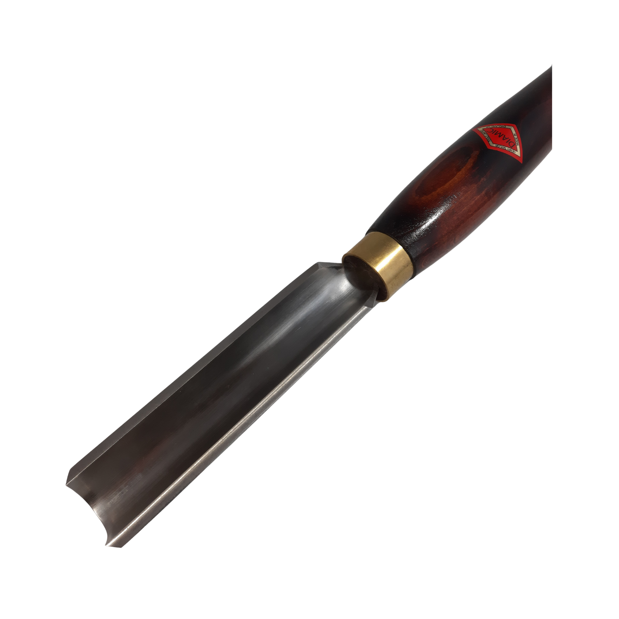 close up of woodturning 1" roughing gouge with high speed steel blade and wooden handle on a white background