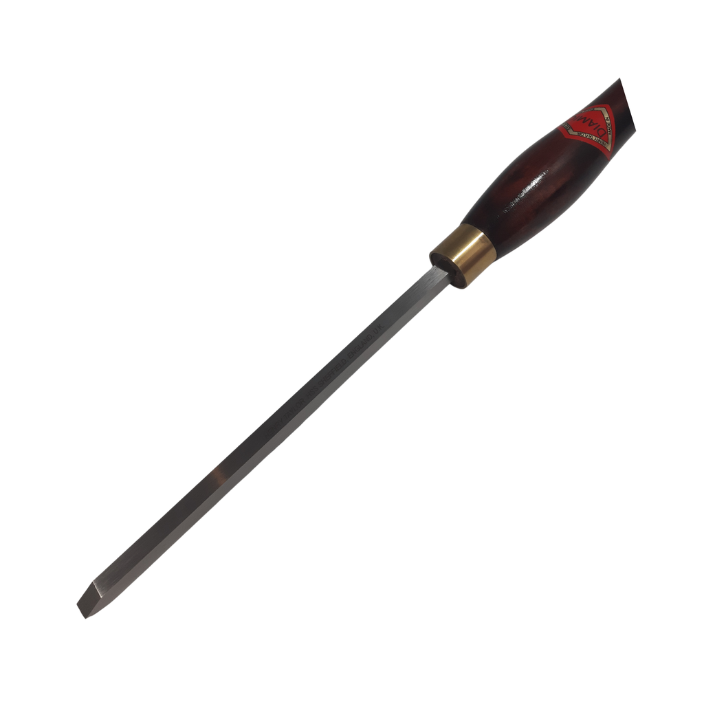 close up of woodturning 1/4" beading & parting tool with high speed steel blade and wooden handle on a white background