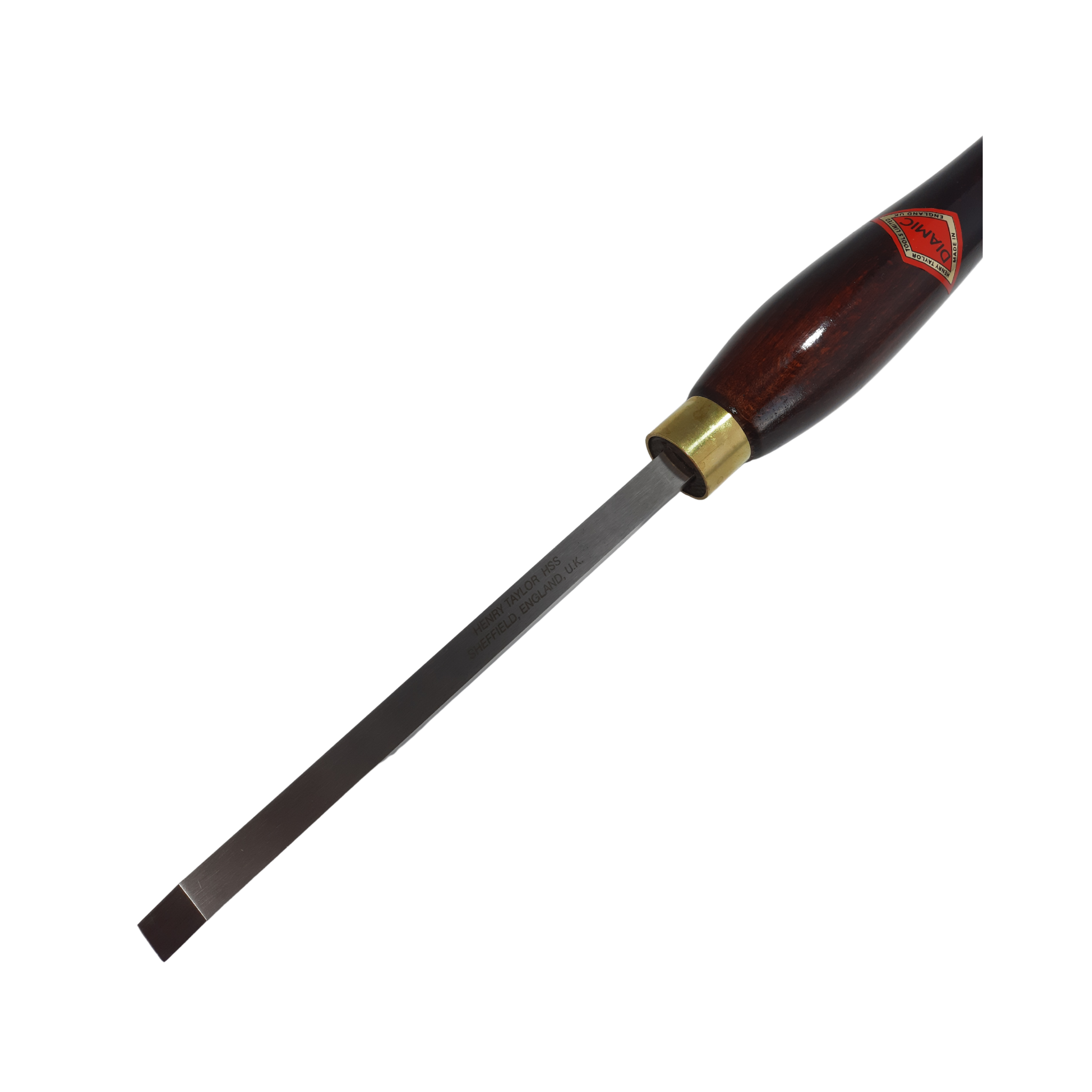 close up of woodturning 3/8" beading & parting tool with high speed steel blade and wooden handle on a white background